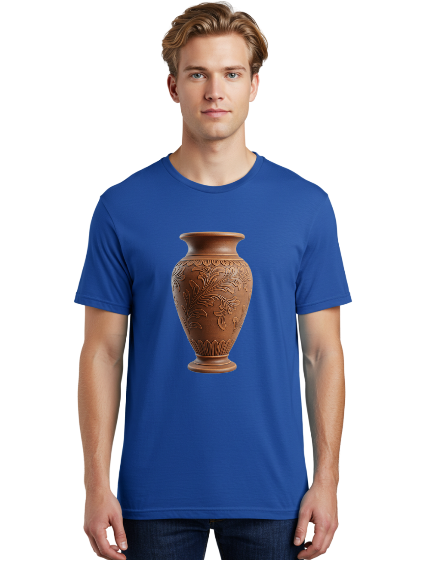 Clay-Vase-With-Floral-Pattern Men'S Graphic Tee, 100% Cotton, Comfortable Casual Summer Wear, Machine Washable, Terracotta Vase, Clay Pottery, Ornate Design, Floral Pattern, Traditional Craftsmanship, Earthy Tones, Vintage Decor, Home Decor, Baa331