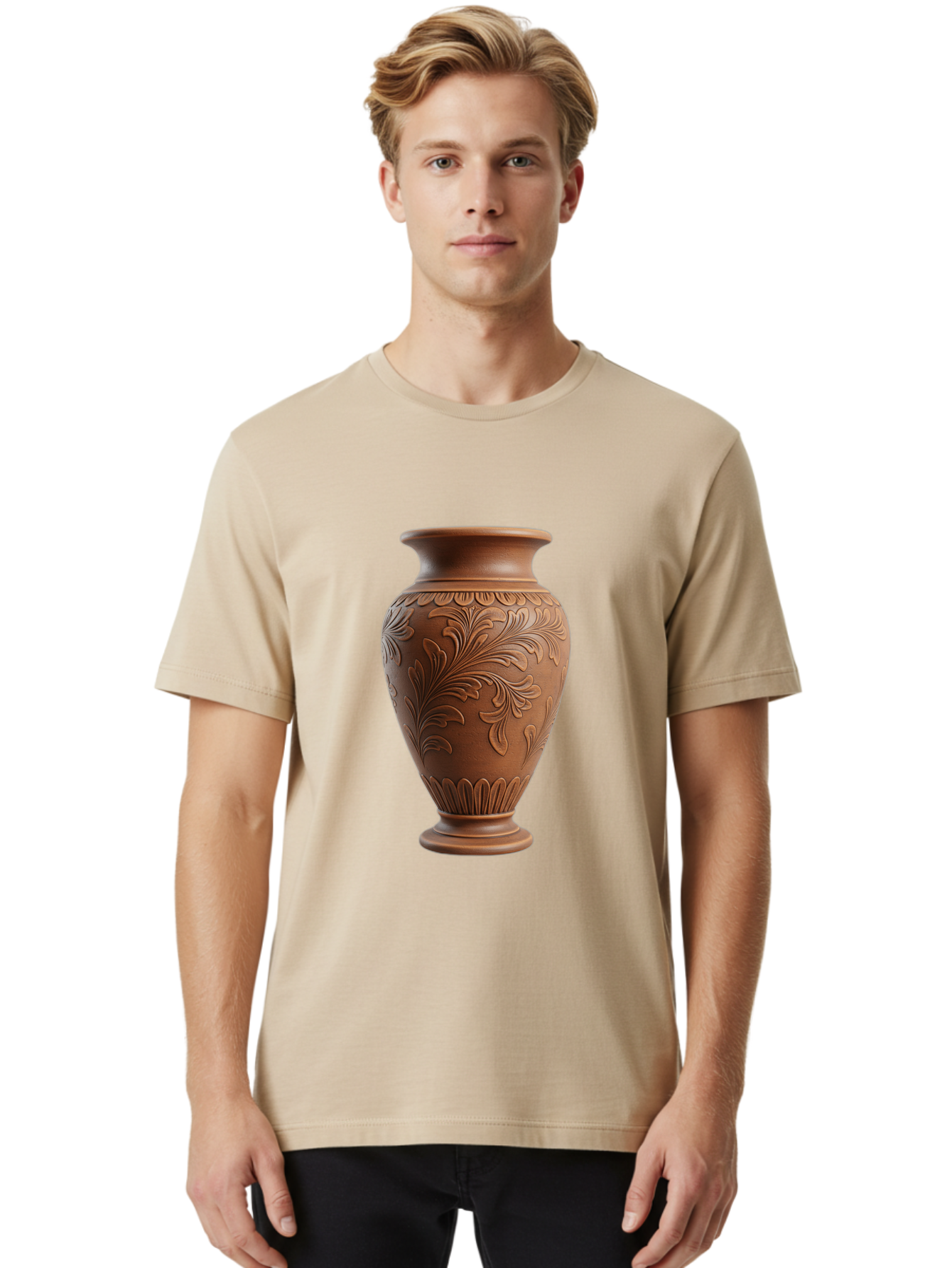 Clay-Vase-With-Floral-Pattern Men'S Graphic Tee, 100% Cotton, Comfortable Casual Summer Wear, Machine Washable, Terracotta Vase, Clay Pottery, Ornate Design, Floral Pattern, Traditional Craftsmanship, Earthy Tones, Vintage Decor, Home Decor, Baa331