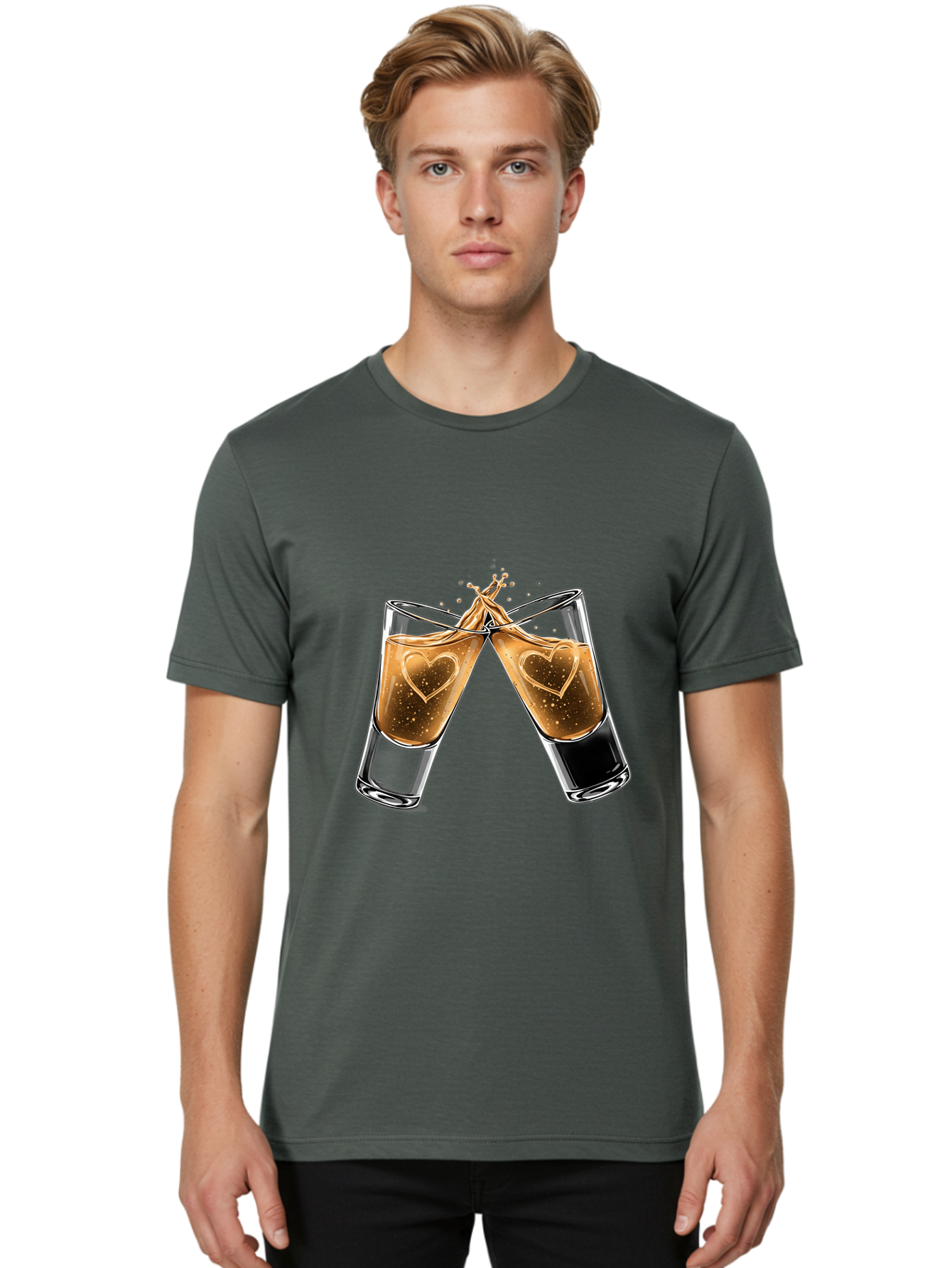 Clinking-Liquor-Glasses Men'S Graphic Tee, 100% Cotton, Comfortable Casual Summer Wear, Machine Washable, Two Shot Glasses, Cheers, Toast, Celebratory Drink, Love, Heart Shape, Whiskey, Cocktail, Party, Celebration, Festive Atmosphere Baa332
