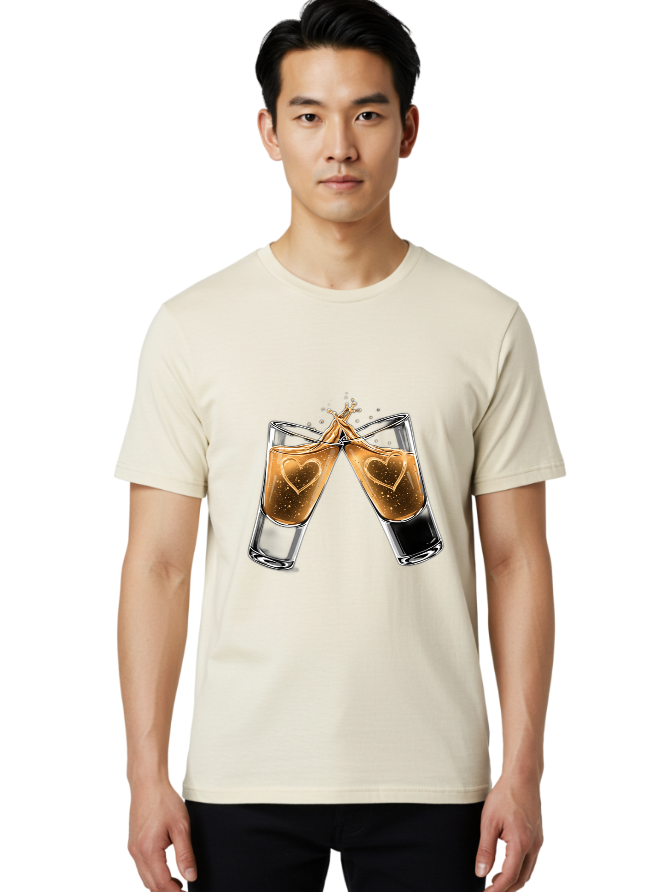 Clinking-Liquor-Glasses Men'S Graphic Tee, 100% Cotton, Comfortable Casual Summer Wear, Machine Washable, Two Shot Glasses, Cheers, Toast, Celebratory Drink, Love, Heart Shape, Whiskey, Cocktail, Party, Celebration, Festive Atmosphere Baa332