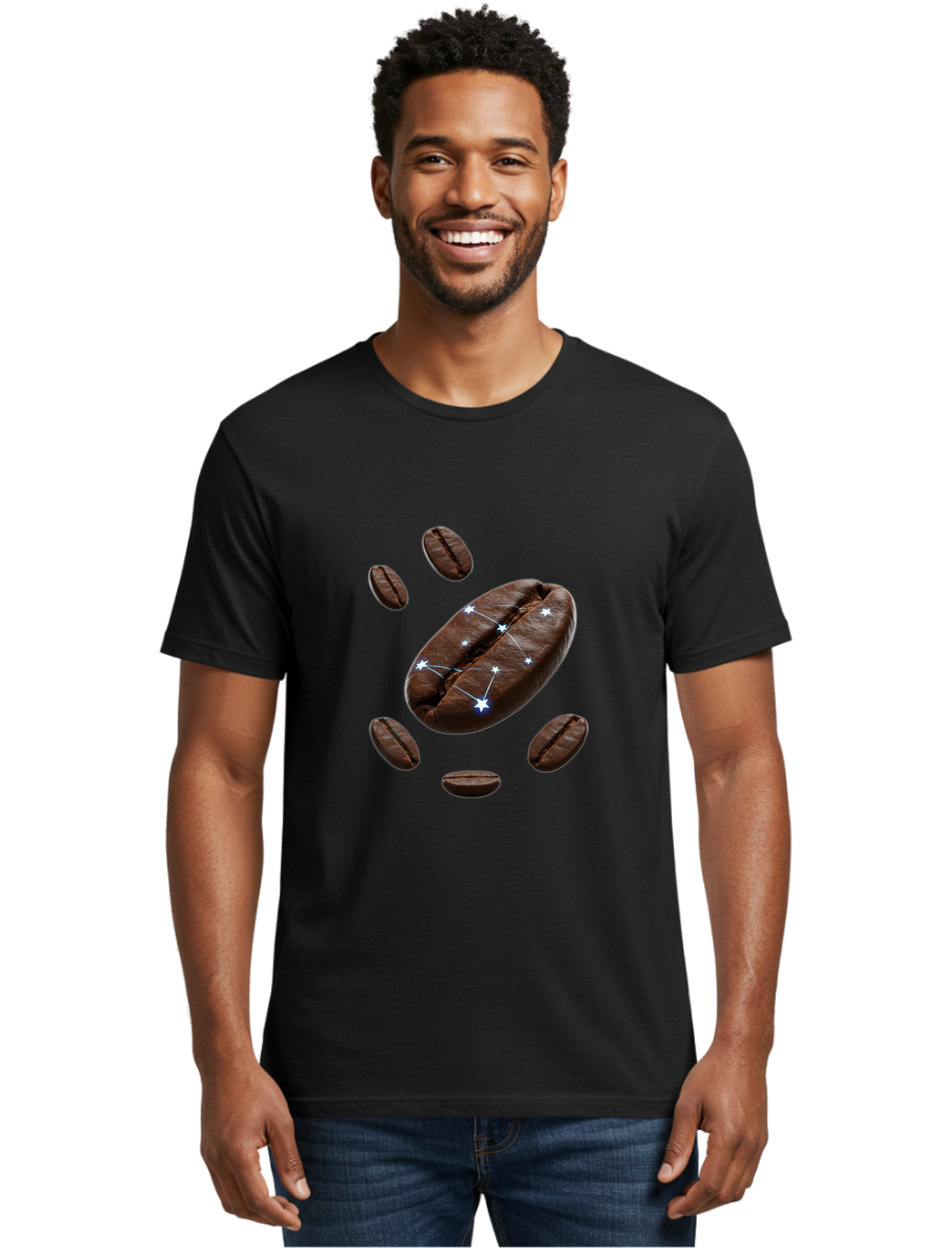 Coffee-Bean-Constellation Men'S Graphic Tee, 100% Cotton, Comfortable Casual Summer Wear, Machine Washable, Coffee Beans, Constellation Pattern, Stars, Creative Design, Surreal Art, Coffee Lover, Unique Artwork, Abstract Illustration, Baa334