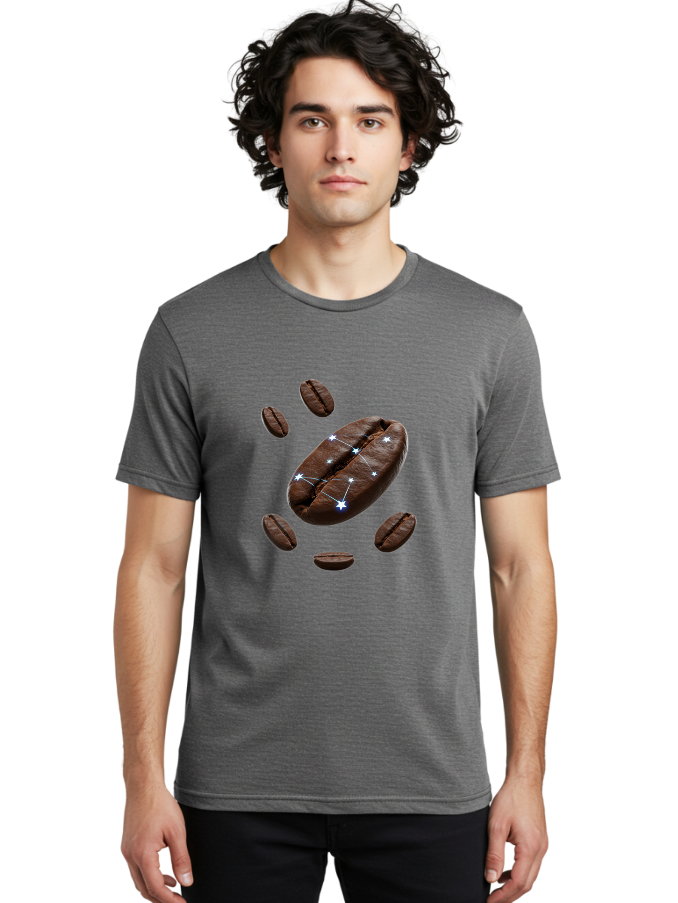 Coffee-Bean-Constellation Men'S Graphic Tee, 100% Cotton, Comfortable Casual Summer Wear, Machine Washable, Coffee Beans, Constellation Pattern, Stars, Creative Design, Surreal Art, Coffee Lover, Unique Artwork, Abstract Illustration, Baa334