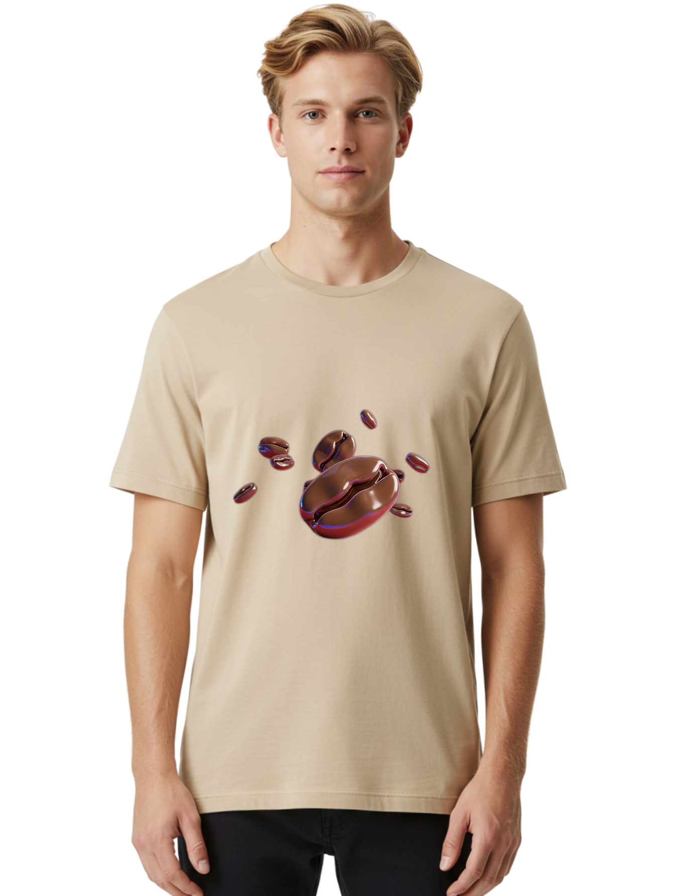 Coffee-Beans-1 Men'S Graphic Tee, 100% Cotton, Comfortable Casual Summer Wear, Machine Washable, Roasted Coffee Beans, Dark Brown, Shiny, Scattered, Coffee Break, Morning Pick-Me-Up, Caffeinated, Energy Boost Baa336