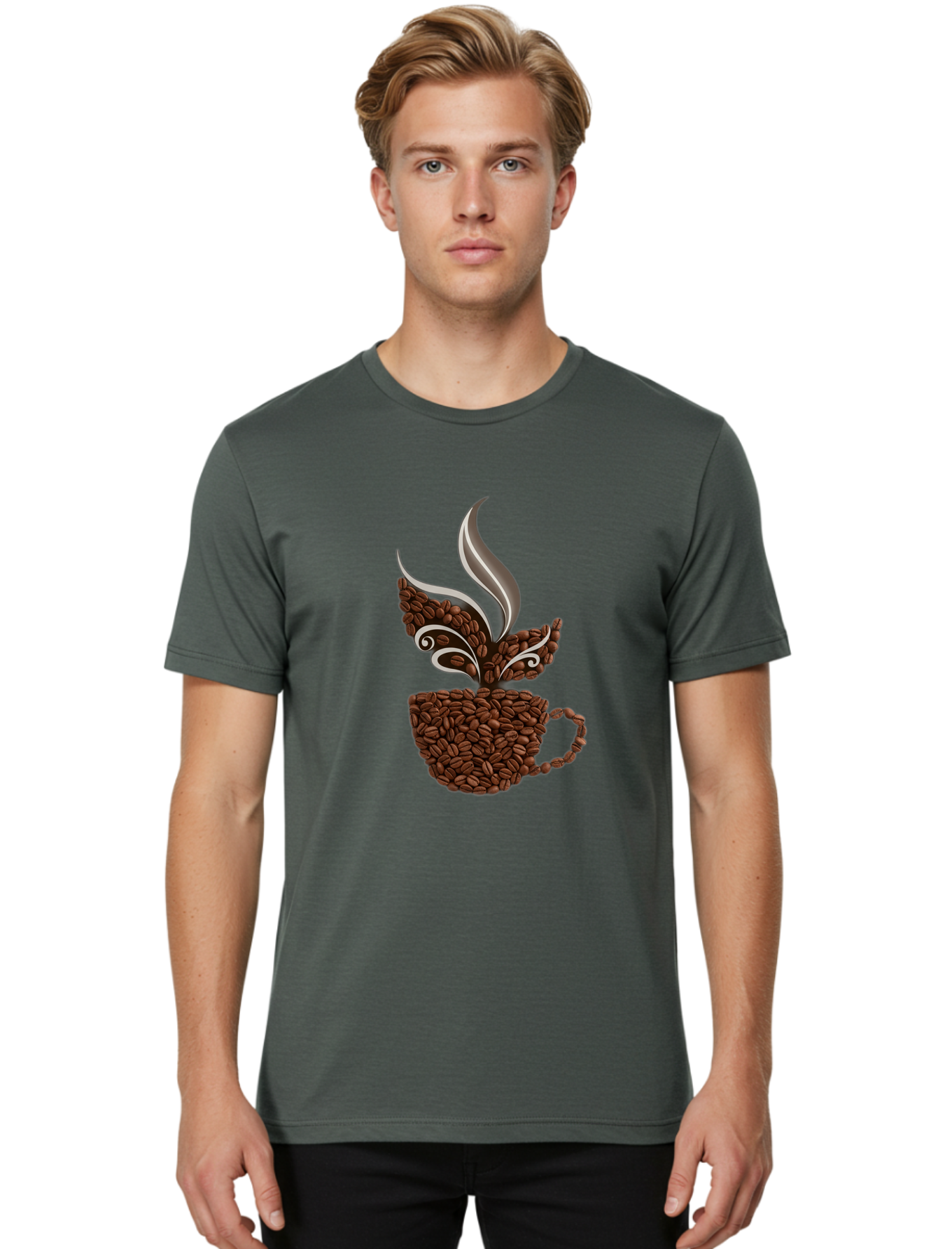 Coffee-Beans-Cup Men'S Graphic Tee, 100% Cotton, Comfortable Casual Summer Wear, Machine Washable, Coffee Beans, Coffee Cup, Brewing Coffee, Warm Beverage, Morning Pick-Me-Up, Coffee Break, Coffee Lover, Coffee Art, Steaming Hot Baa338