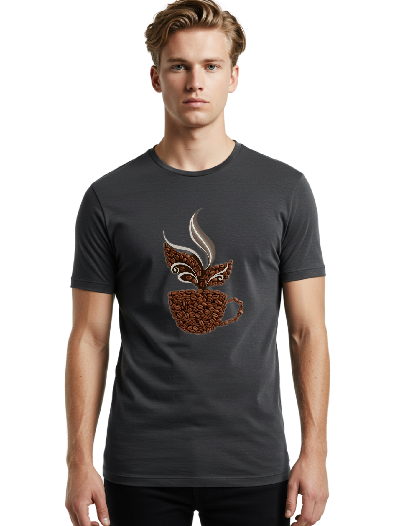 Coffee-Beans-Cup Men'S Graphic Tee, 100% Cotton, Comfortable Casual Summer Wear, Machine Washable, Coffee Beans, Coffee Cup, Brewing Coffee, Warm Beverage, Morning Pick-Me-Up, Coffee Break, Coffee Lover, Coffee Art, Steaming Hot Baa338