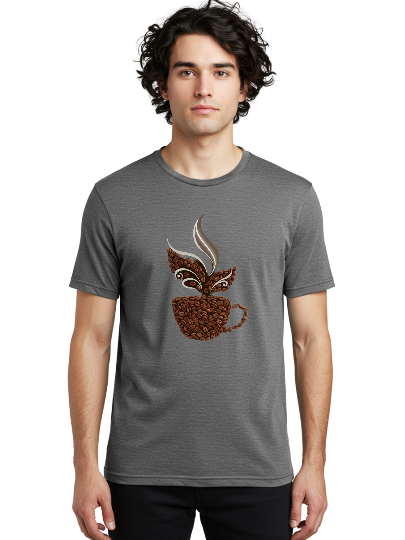 Coffee-Beans-Cup Men'S Graphic Tee, 100% Cotton, Comfortable Casual Summer Wear, Machine Washable, Coffee Beans, Coffee Cup, Brewing Coffee, Warm Beverage, Morning Pick-Me-Up, Coffee Break, Coffee Lover, Coffee Art, Steaming Hot Baa338