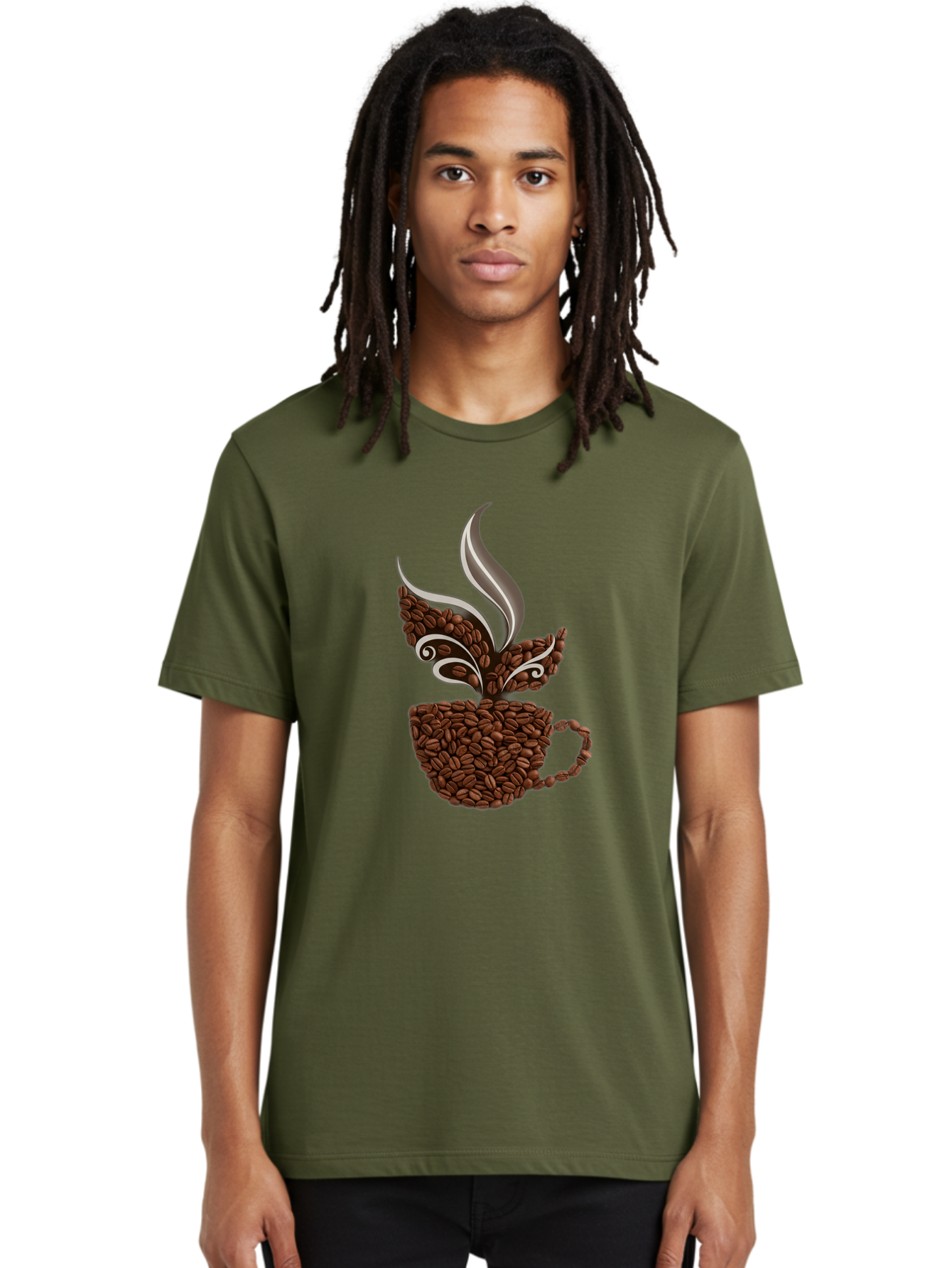 Coffee-Beans-Cup Men'S Graphic Tee, 100% Cotton, Comfortable Casual Summer Wear, Machine Washable, Coffee Beans, Coffee Cup, Brewing Coffee, Warm Beverage, Morning Pick-Me-Up, Coffee Break, Coffee Lover, Coffee Art, Steaming Hot Baa338