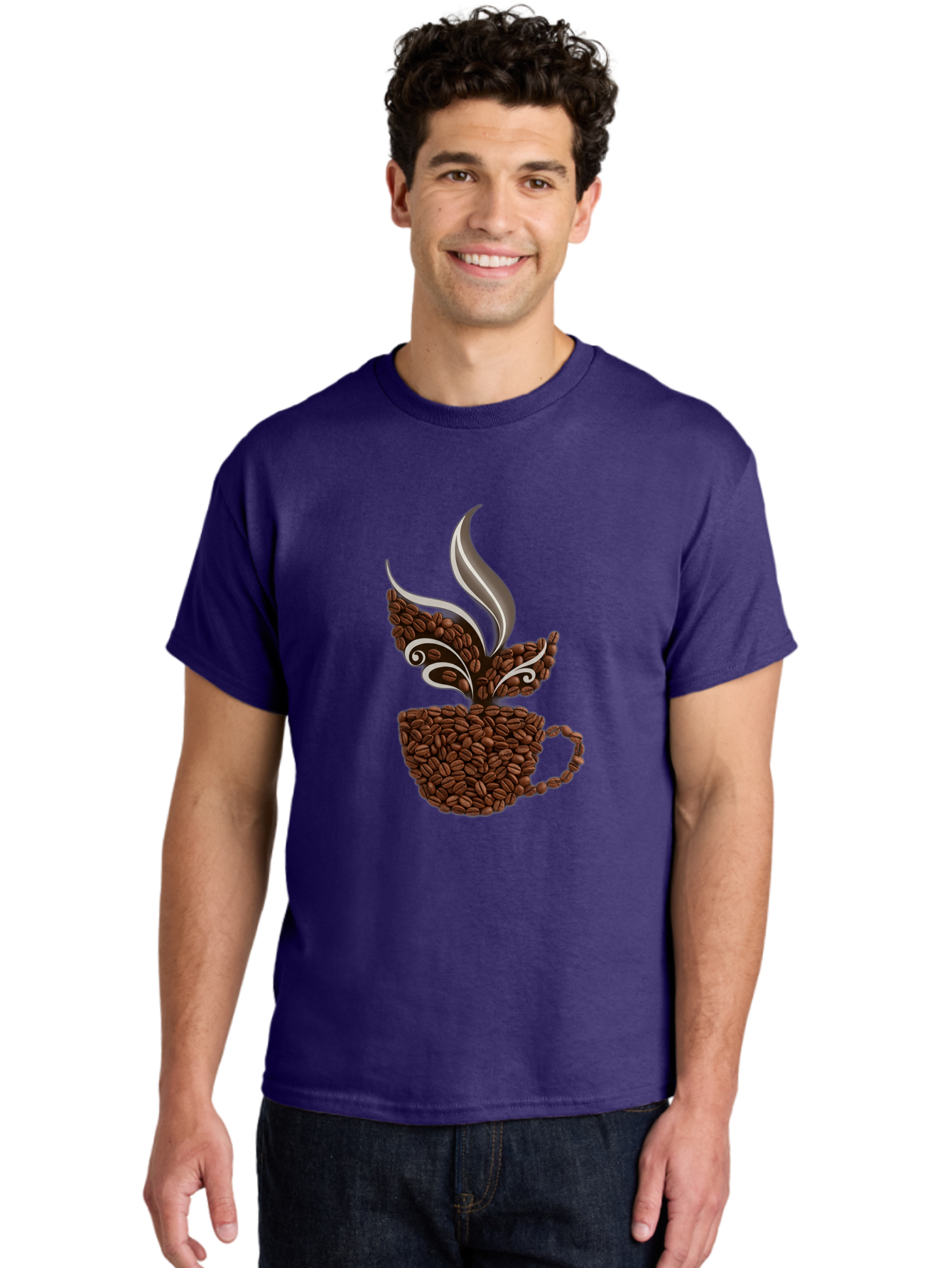 Coffee-Beans-Cup Men'S Graphic Tee, 100% Cotton, Comfortable Casual Summer Wear, Machine Washable, Coffee Beans, Coffee Cup, Brewing Coffee, Warm Beverage, Morning Pick-Me-Up, Coffee Break, Coffee Lover, Coffee Art, Steaming Hot Baa338