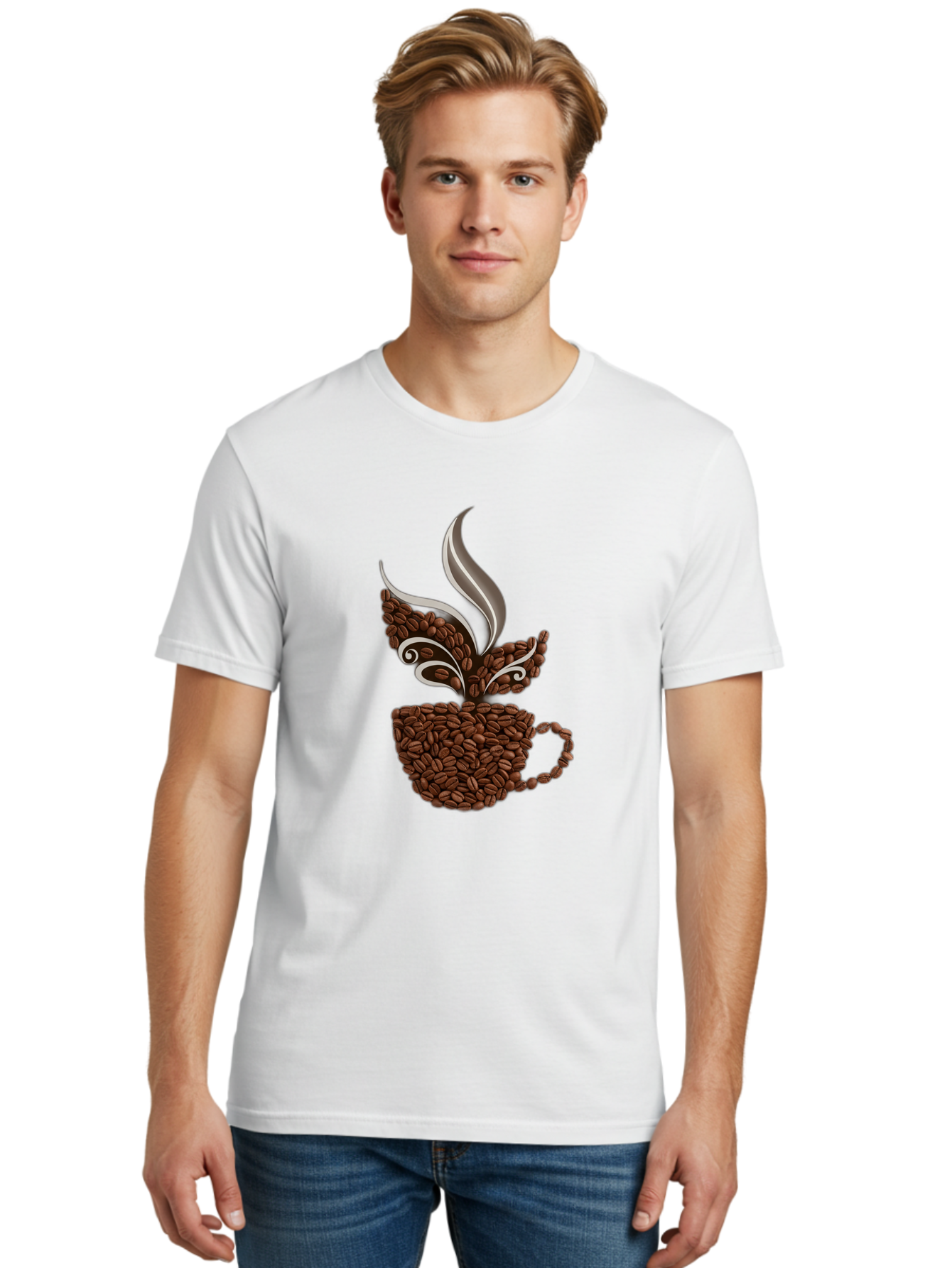 Coffee-Beans-Cup Men'S Graphic Tee, 100% Cotton, Comfortable Casual Summer Wear, Machine Washable, Coffee Beans, Coffee Cup, Brewing Coffee, Warm Beverage, Morning Pick-Me-Up, Coffee Break, Coffee Lover, Coffee Art, Steaming Hot Baa338