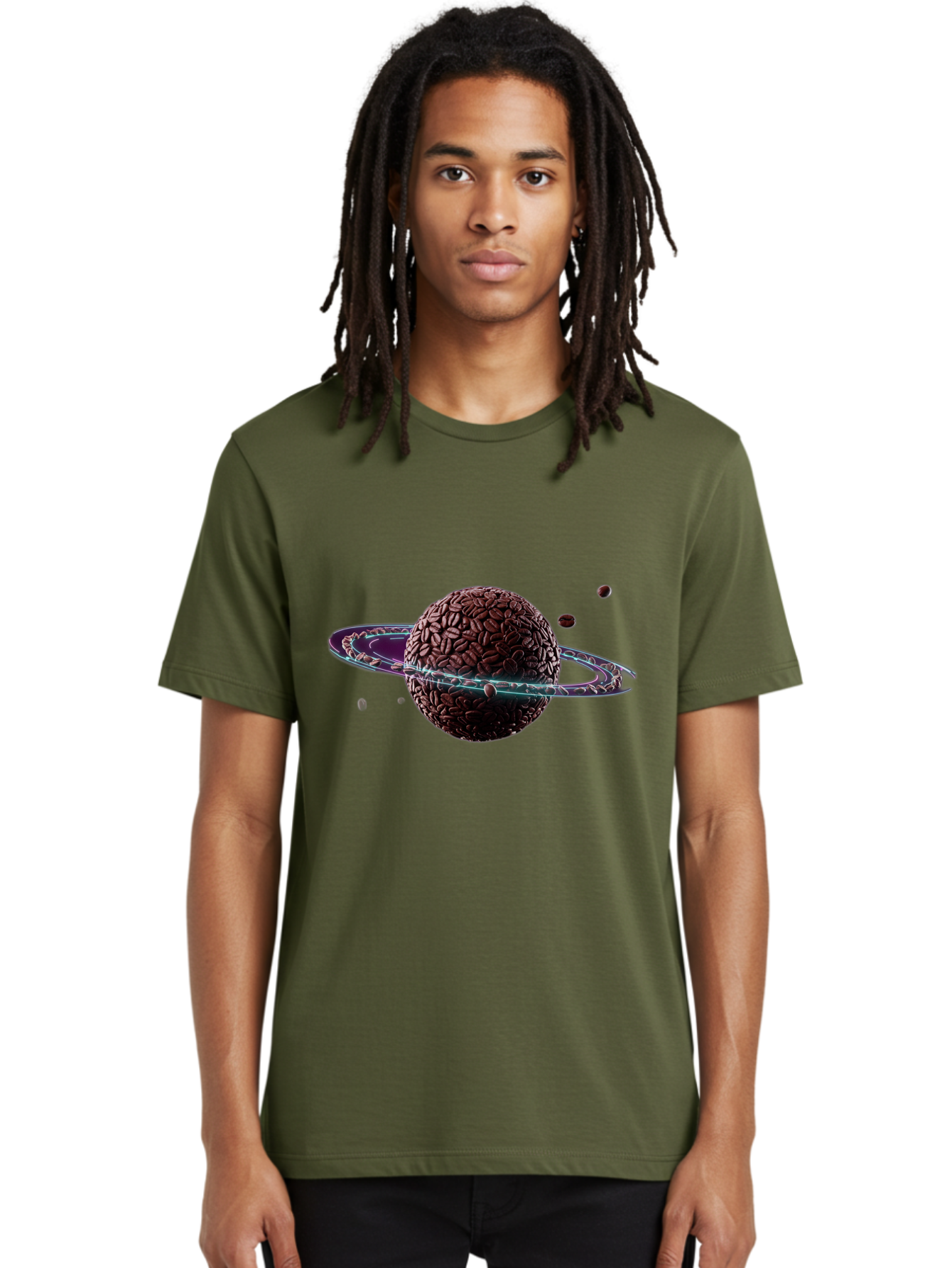 Coffee-Beans-Planet Men'S Graphic Tee, 100% Cotton, Comfortable Casual Summer Wear, Machine Washable, Coffee Beans, Planet With Rings, Creative Food Art, Coffee-Inspired Galaxy, Unique Design, Artistic Expression, Coffee Culture, Baa341