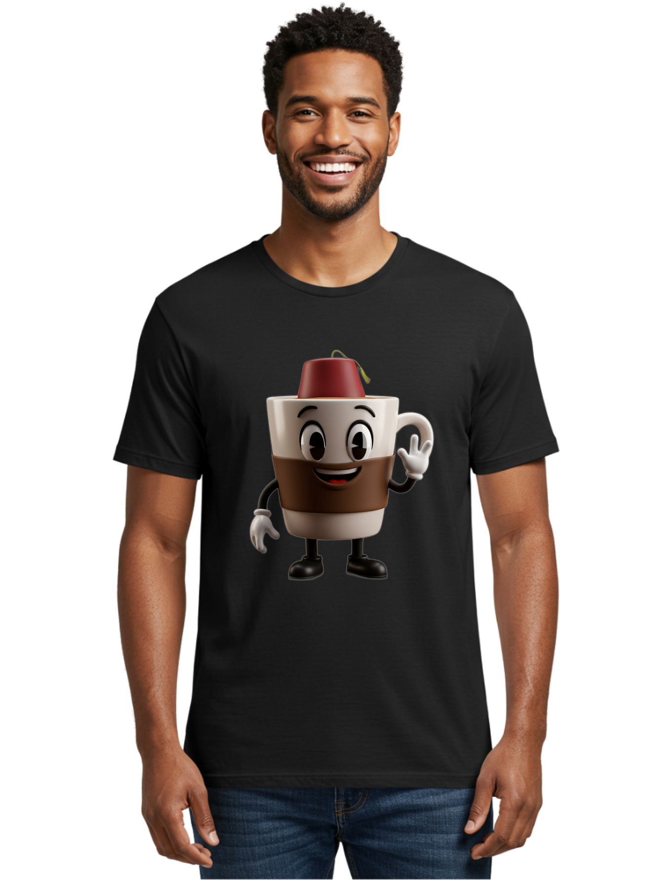 Coffee-Cup-1 Men'S Graphic Tee, 100% Cotton, Comfortable Casual Summer Wear, Machine Washable, Cartoon Coffee Mug, Coffee Character, Smiling Mug, Tea Bag On Top, Waving Hand, Friendly Beverage, Animated Coffee, Cute Drink, Coffee Culture, Baa343