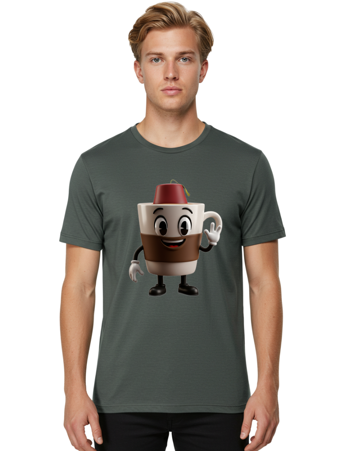 Coffee-Cup-1 Men'S Graphic Tee, 100% Cotton, Comfortable Casual Summer Wear, Machine Washable, Cartoon Coffee Mug, Coffee Character, Smiling Mug, Tea Bag On Top, Waving Hand, Friendly Beverage, Animated Coffee, Cute Drink, Coffee Culture, Baa343