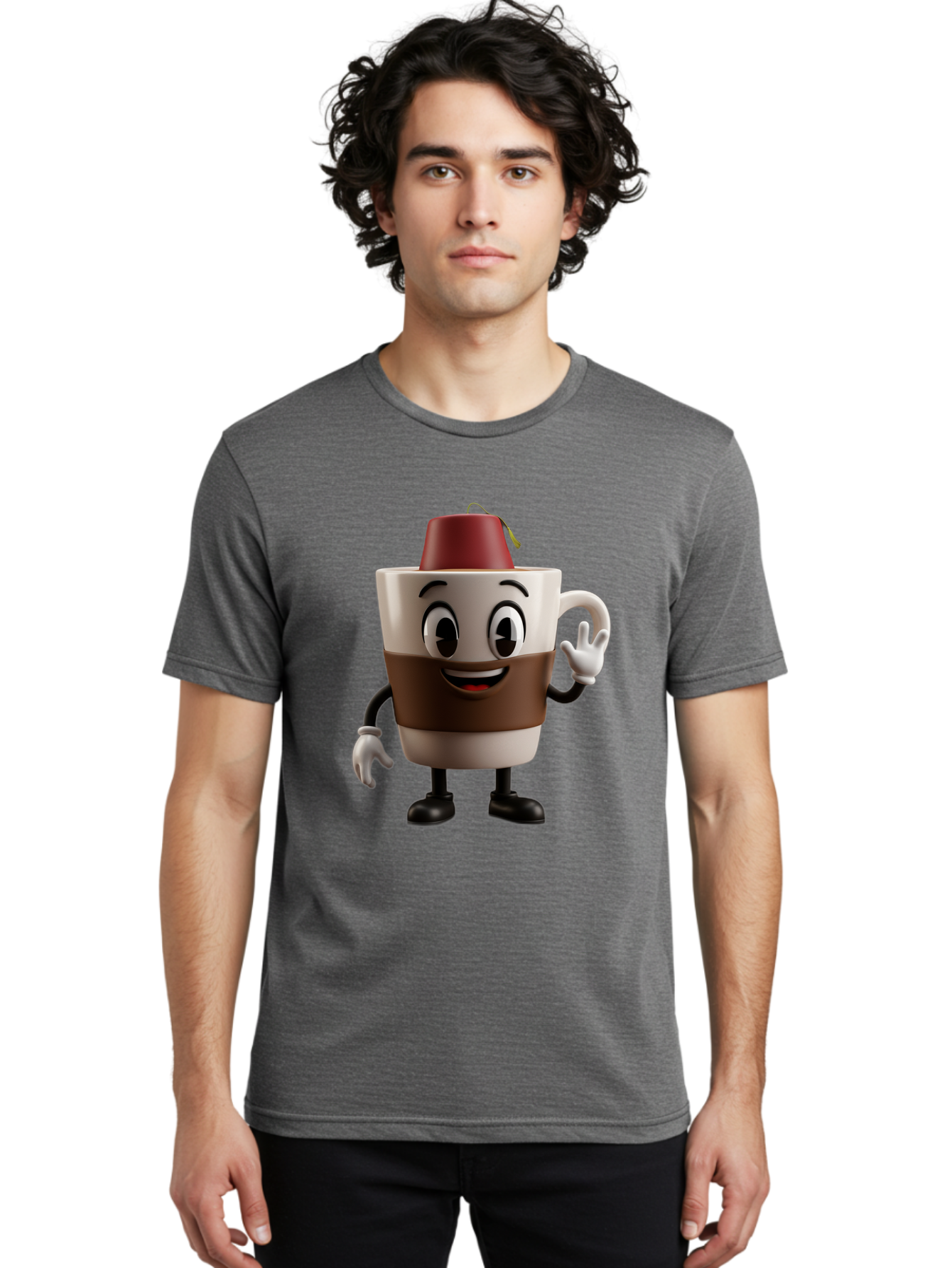 Coffee-Cup-1 Men'S Graphic Tee, 100% Cotton, Comfortable Casual Summer Wear, Machine Washable, Cartoon Coffee Mug, Coffee Character, Smiling Mug, Tea Bag On Top, Waving Hand, Friendly Beverage, Animated Coffee, Cute Drink, Coffee Culture, Baa343