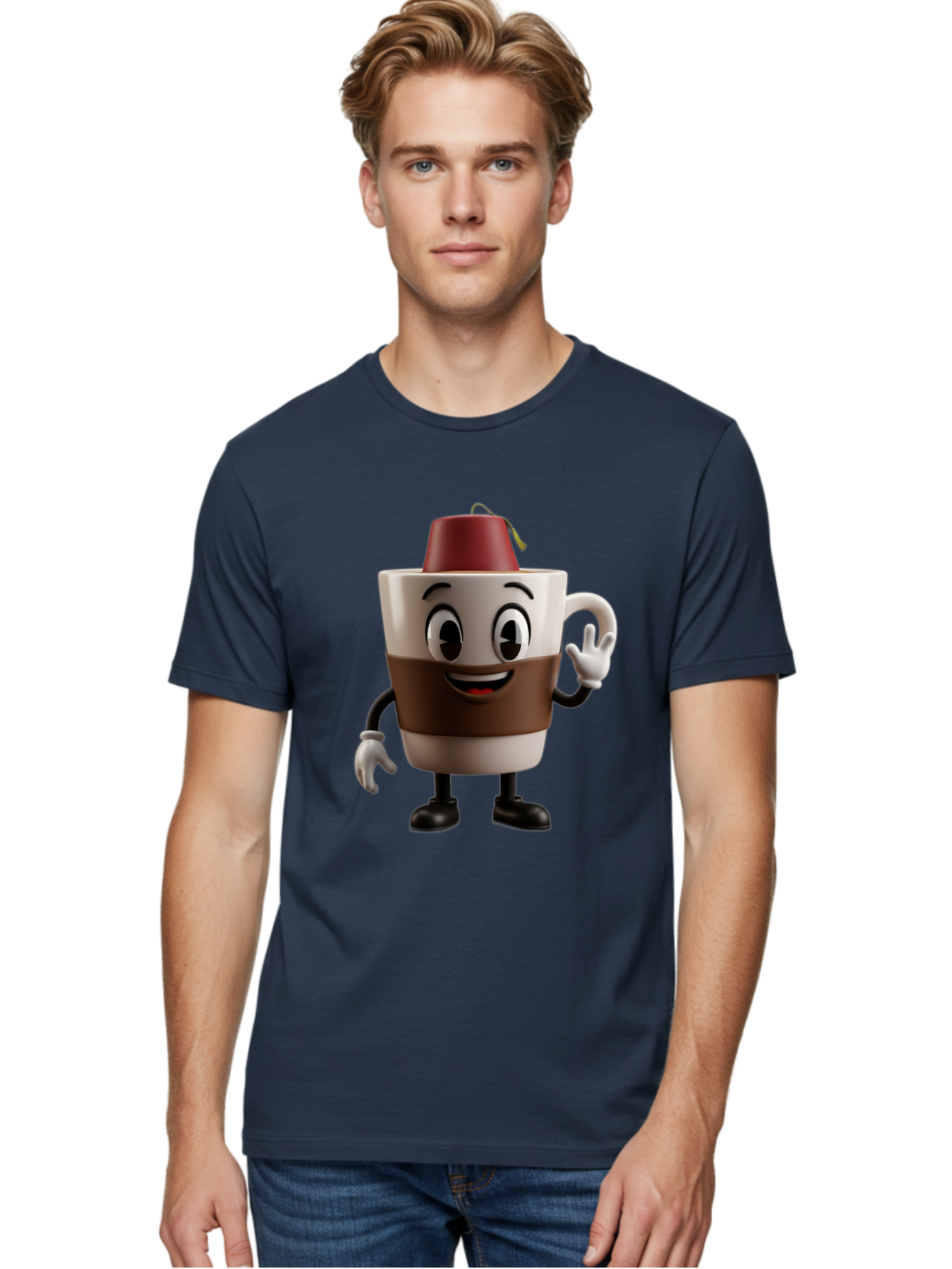 Coffee-Cup-1 Men'S Graphic Tee, 100% Cotton, Comfortable Casual Summer Wear, Machine Washable, Cartoon Coffee Mug, Coffee Character, Smiling Mug, Tea Bag On Top, Waving Hand, Friendly Beverage, Animated Coffee, Cute Drink, Coffee Culture, Baa343