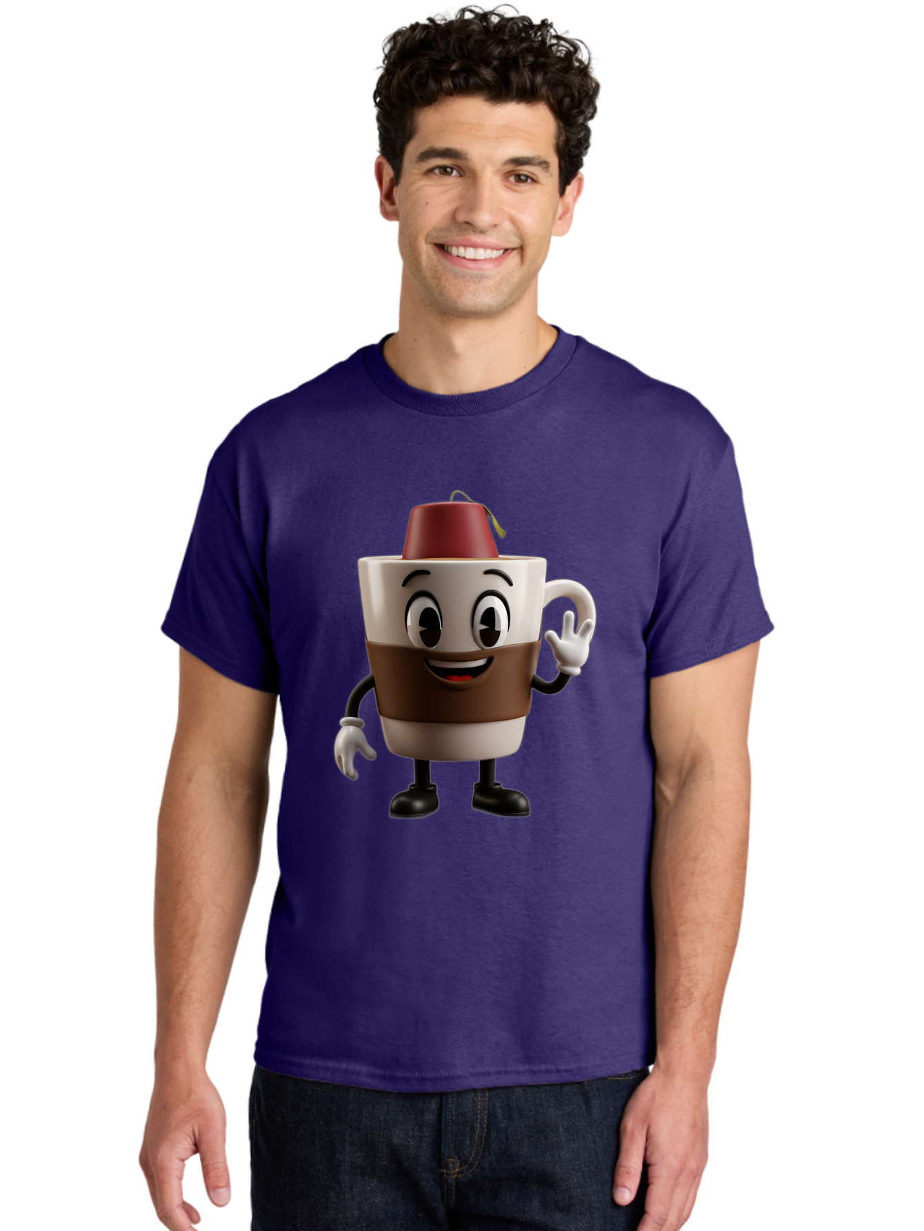 Coffee-Cup-1 Men'S Graphic Tee, 100% Cotton, Comfortable Casual Summer Wear, Machine Washable, Cartoon Coffee Mug, Coffee Character, Smiling Mug, Tea Bag On Top, Waving Hand, Friendly Beverage, Animated Coffee, Cute Drink, Coffee Culture, Baa343