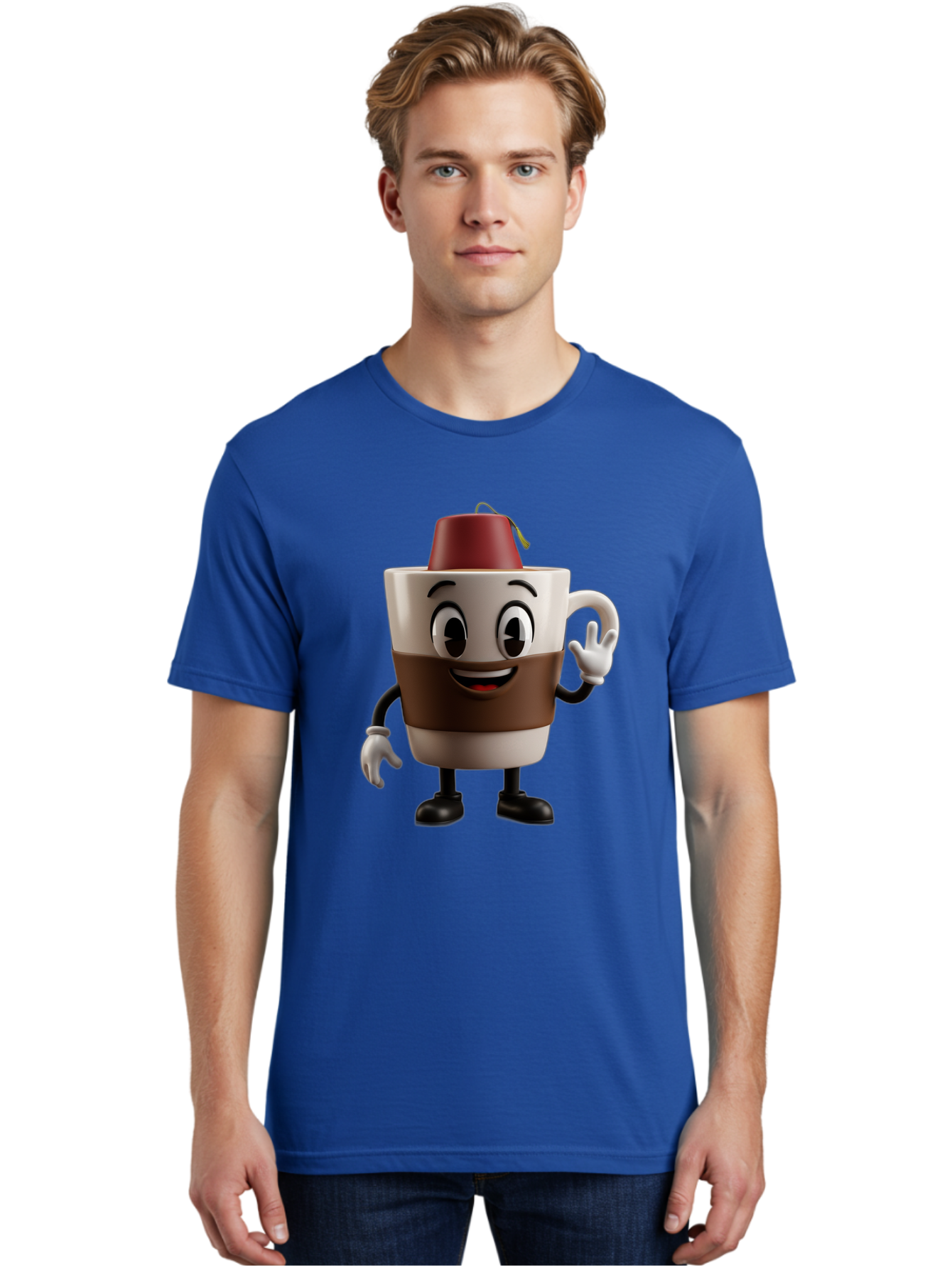 Coffee-Cup-1 Men'S Graphic Tee, 100% Cotton, Comfortable Casual Summer Wear, Machine Washable, Cartoon Coffee Mug, Coffee Character, Smiling Mug, Tea Bag On Top, Waving Hand, Friendly Beverage, Animated Coffee, Cute Drink, Coffee Culture, Baa343