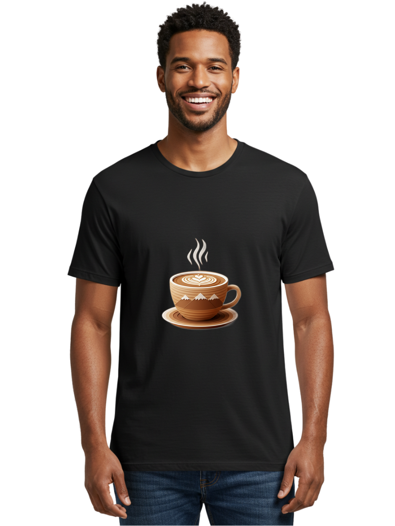 Coffee-Cup-11 Men'S Graphic Tee, 100% Cotton, Comfortable Casual Summer Wear, Machine Washable, Steaming Coffee Cup, Latte Art, Heart Design, Wooden Cup, White Mountains, Morning Coffee, Coffee Break, Espresso, Coffee Lover Baa345