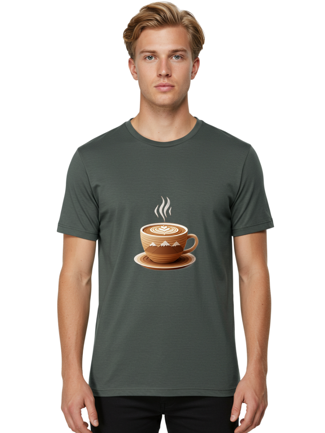 Coffee-Cup-11 Men'S Graphic Tee, 100% Cotton, Comfortable Casual Summer Wear, Machine Washable, Steaming Coffee Cup, Latte Art, Heart Design, Wooden Cup, White Mountains, Morning Coffee, Coffee Break, Espresso, Coffee Lover Baa345