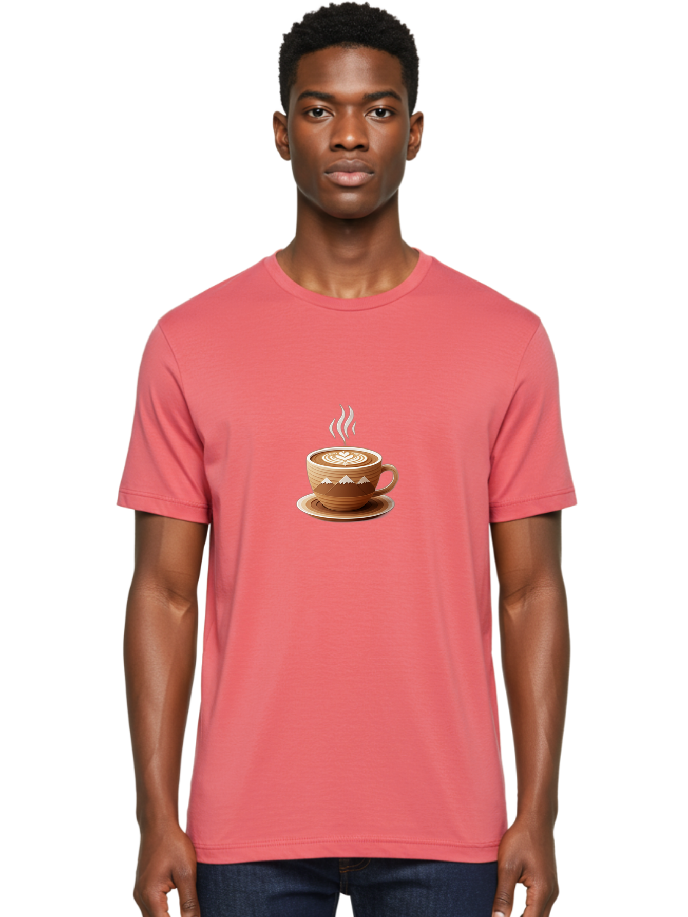 Coffee-Cup-11 Men'S Graphic Tee, 100% Cotton, Comfortable Casual Summer Wear, Machine Washable, Steaming Coffee Cup, Latte Art, Heart Design, Wooden Cup, White Mountains, Morning Coffee, Coffee Break, Espresso, Coffee Lover Baa345