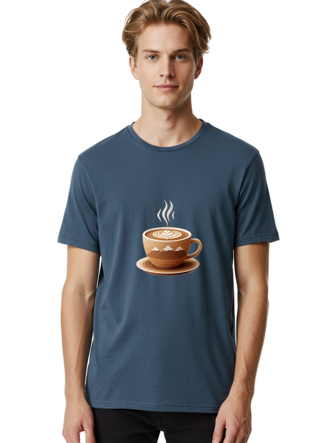 Coffee-Cup-11 Men'S Graphic Tee, 100% Cotton, Comfortable Casual Summer Wear, Machine Washable, Steaming Coffee Cup, Latte Art, Heart Design, Wooden Cup, White Mountains, Morning Coffee, Coffee Break, Espresso, Coffee Lover Baa345