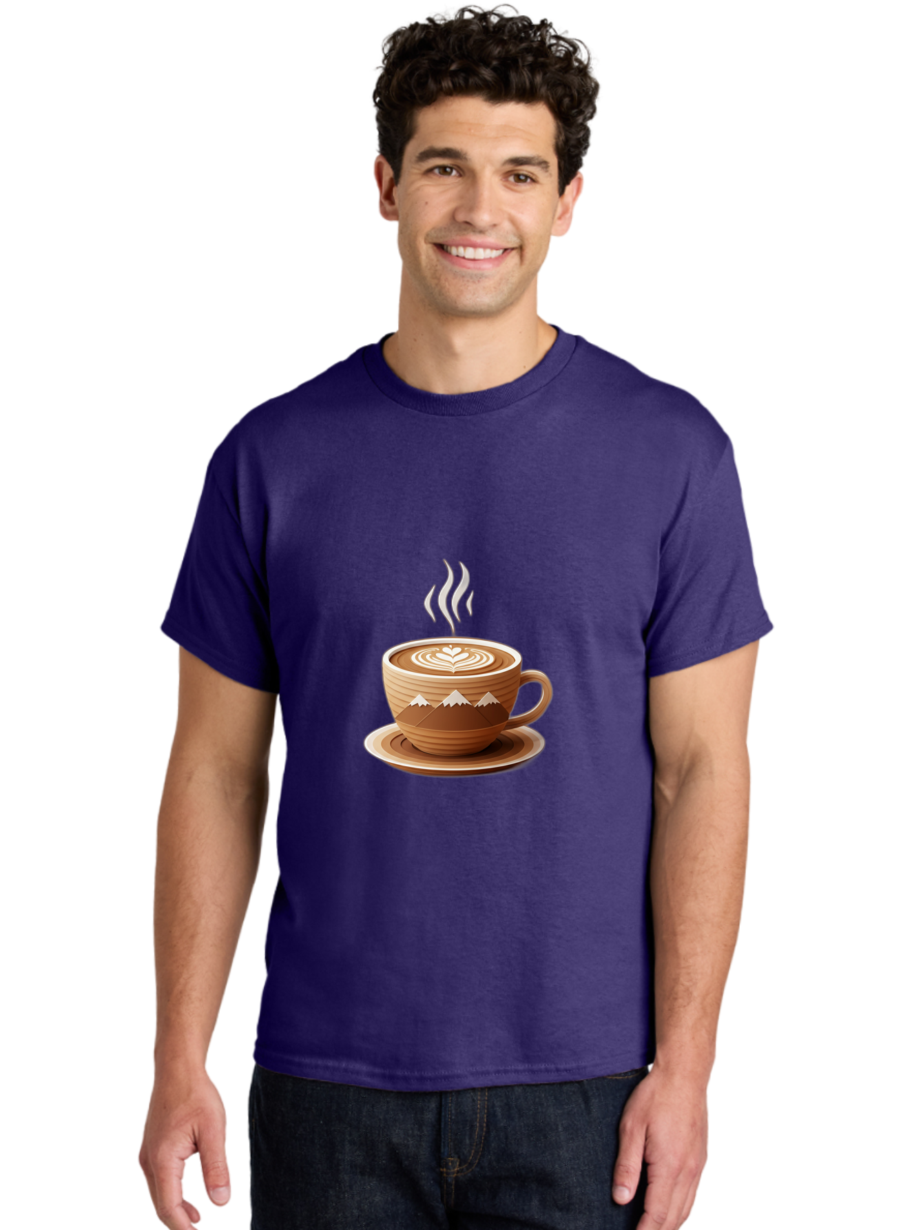 Coffee-Cup-11 Men'S Graphic Tee, 100% Cotton, Comfortable Casual Summer Wear, Machine Washable, Steaming Coffee Cup, Latte Art, Heart Design, Wooden Cup, White Mountains, Morning Coffee, Coffee Break, Espresso, Coffee Lover Baa345