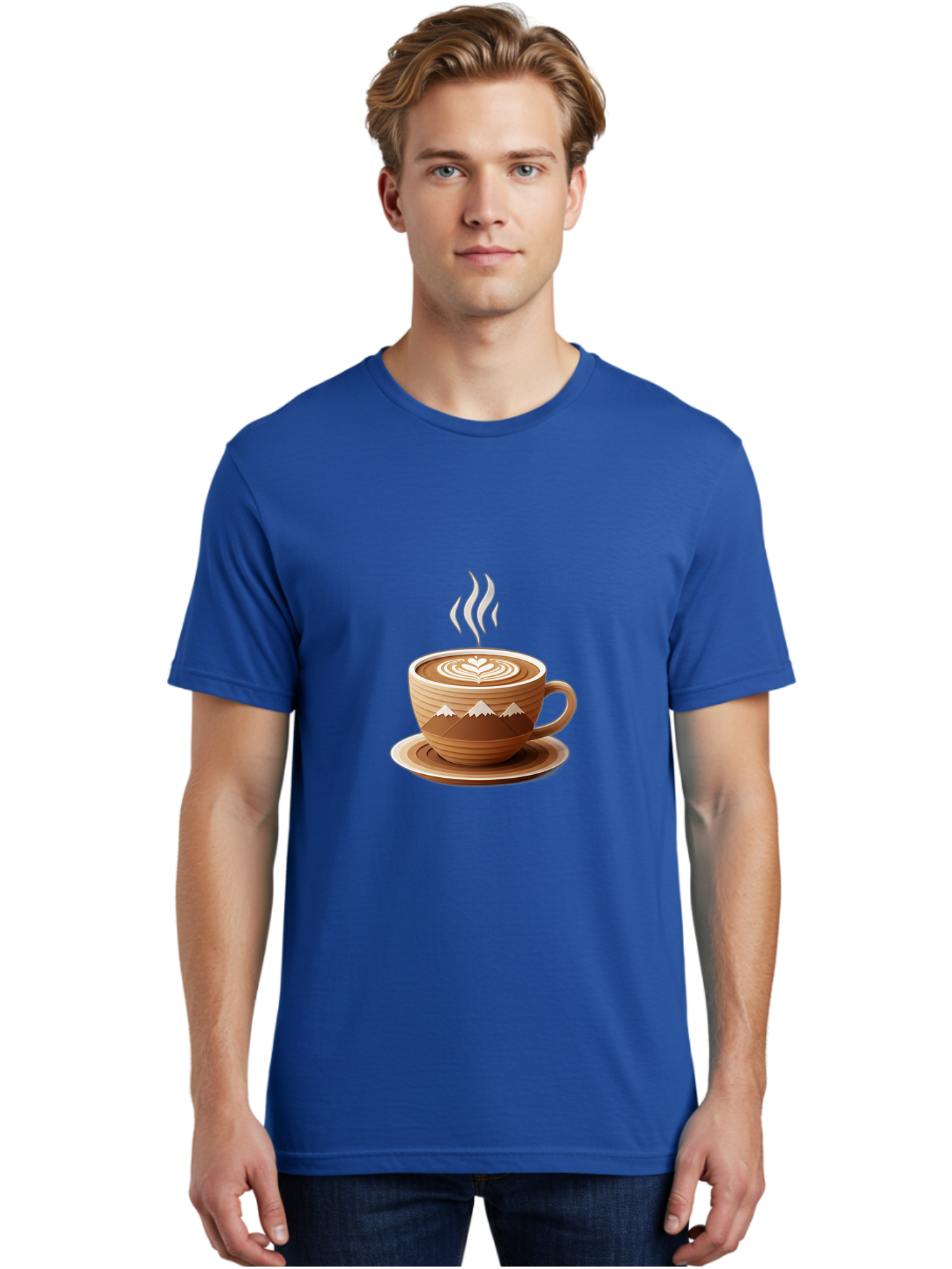 Coffee-Cup-11 Men'S Graphic Tee, 100% Cotton, Comfortable Casual Summer Wear, Machine Washable, Steaming Coffee Cup, Latte Art, Heart Design, Wooden Cup, White Mountains, Morning Coffee, Coffee Break, Espresso, Coffee Lover Baa345