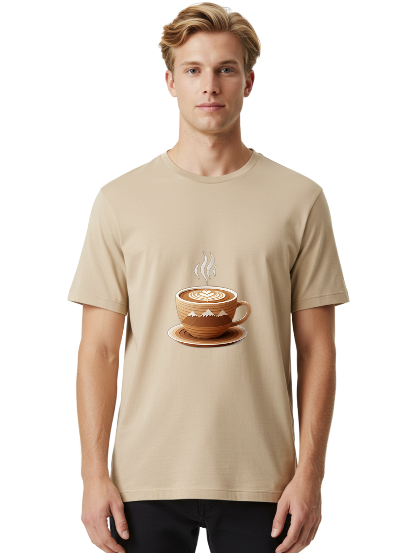 Coffee-Cup-11 Men'S Graphic Tee, 100% Cotton, Comfortable Casual Summer Wear, Machine Washable, Steaming Coffee Cup, Latte Art, Heart Design, Wooden Cup, White Mountains, Morning Coffee, Coffee Break, Espresso, Coffee Lover Baa345