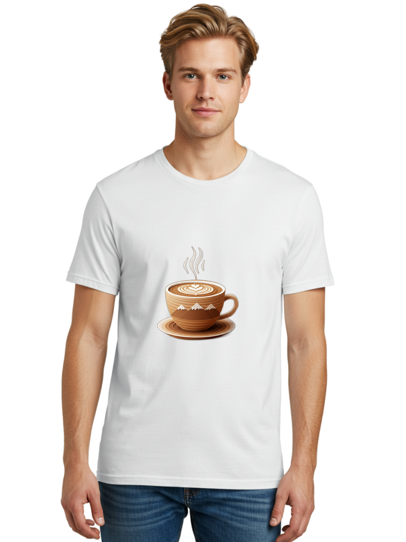 Coffee-Cup-11 Men'S Graphic Tee, 100% Cotton, Comfortable Casual Summer Wear, Machine Washable, Steaming Coffee Cup, Latte Art, Heart Design, Wooden Cup, White Mountains, Morning Coffee, Coffee Break, Espresso, Coffee Lover Baa345