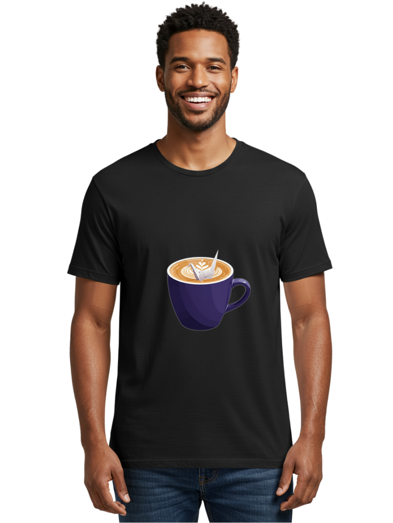 Coffee-Cup-12 Men'S Graphic Tee, 100% Cotton, Comfortable Casual Summer Wear, Machine Washable, Coffee Latte, Cappuccino Art, Espresso Drink, Dark Blue Cup, White Foam, Leaf Design, Coffee Culture, Morning Routine, Beverage Illustration, Baa346