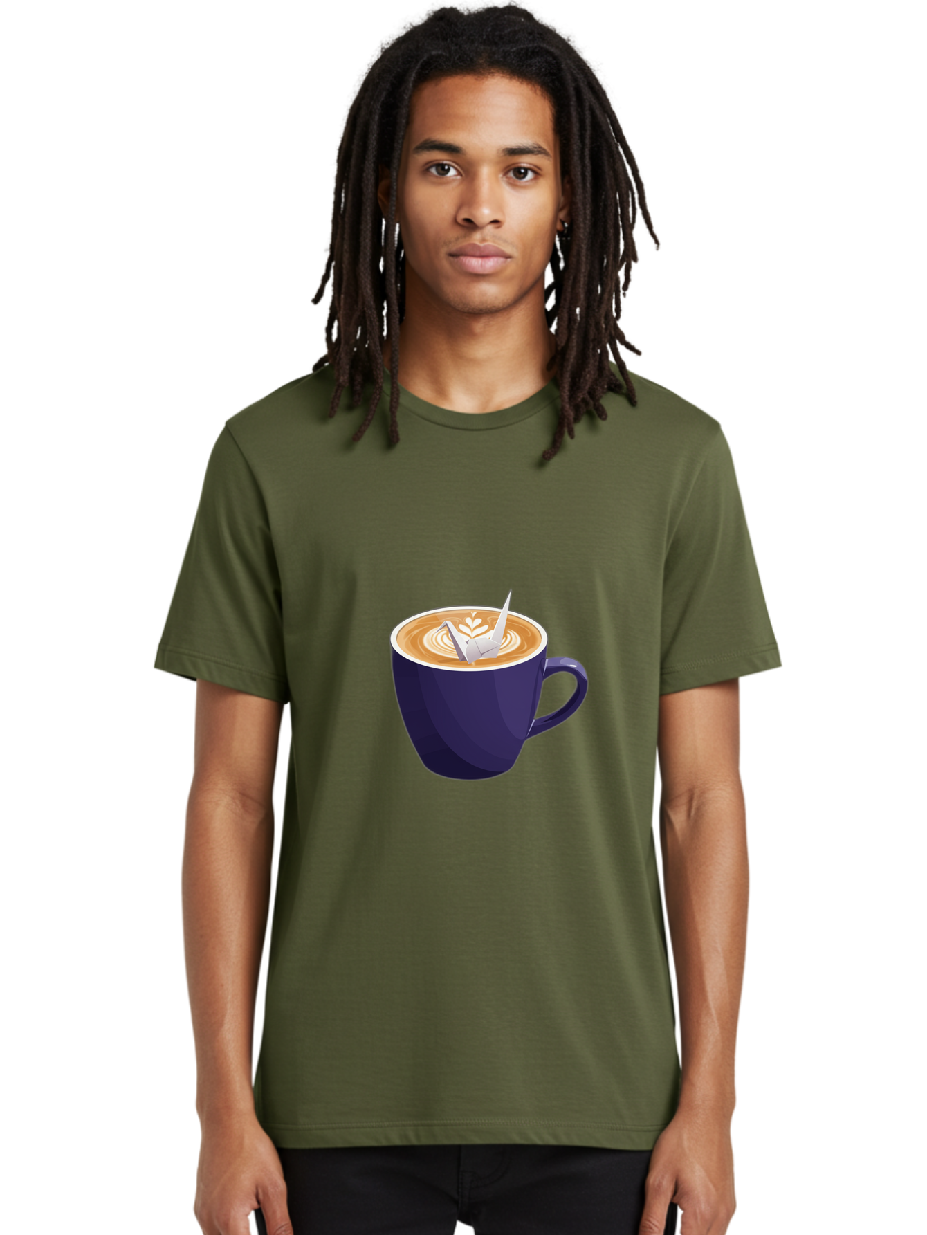 Coffee-Cup-12 Men'S Graphic Tee, 100% Cotton, Comfortable Casual Summer Wear, Machine Washable, Coffee Latte, Cappuccino Art, Espresso Drink, Dark Blue Cup, White Foam, Leaf Design, Coffee Culture, Morning Routine, Beverage Illustration, Baa346