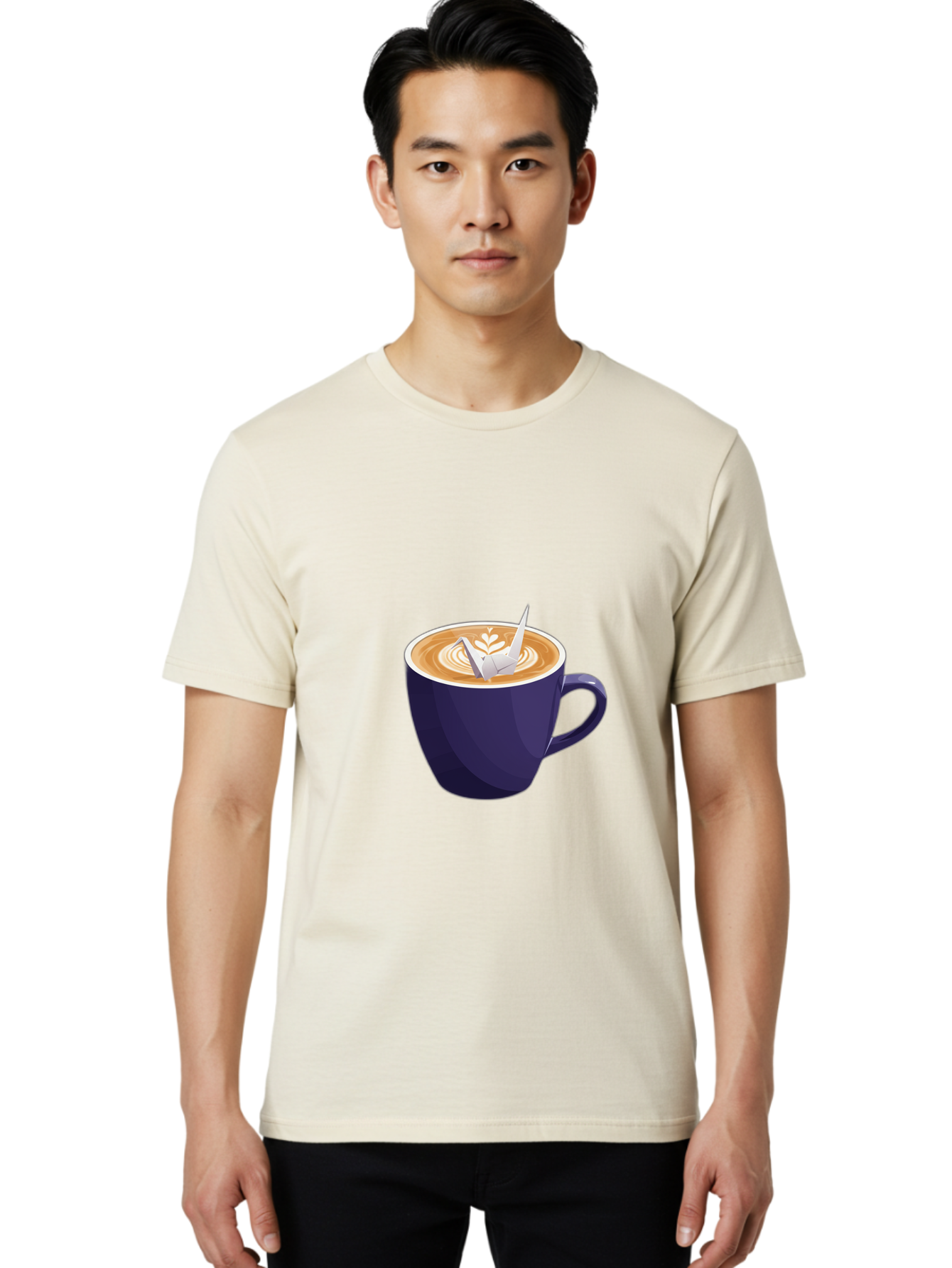 Coffee-Cup-12 Men'S Graphic Tee, 100% Cotton, Comfortable Casual Summer Wear, Machine Washable, Coffee Latte, Cappuccino Art, Espresso Drink, Dark Blue Cup, White Foam, Leaf Design, Coffee Culture, Morning Routine, Beverage Illustration, Baa346
