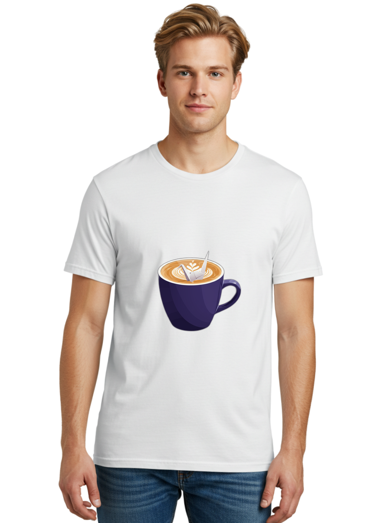 Coffee-Cup-12 Men'S Graphic Tee, 100% Cotton, Comfortable Casual Summer Wear, Machine Washable, Coffee Latte, Cappuccino Art, Espresso Drink, Dark Blue Cup, White Foam, Leaf Design, Coffee Culture, Morning Routine, Beverage Illustration, Baa346