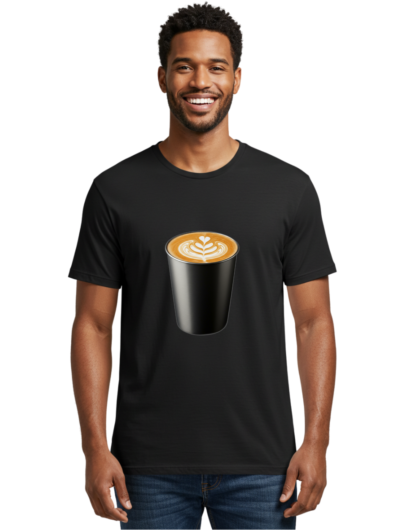 Coffee-Cup-15 Men'S Graphic Tee, 100% Cotton, Comfortable Casual Summer Wear, Machine Washable, Coffee Cup, Black Cup, Latte Art, Espresso, Coffee Drink, Heart Design, White Foam, Takeaway Coffee, Coffee Culture Baa349