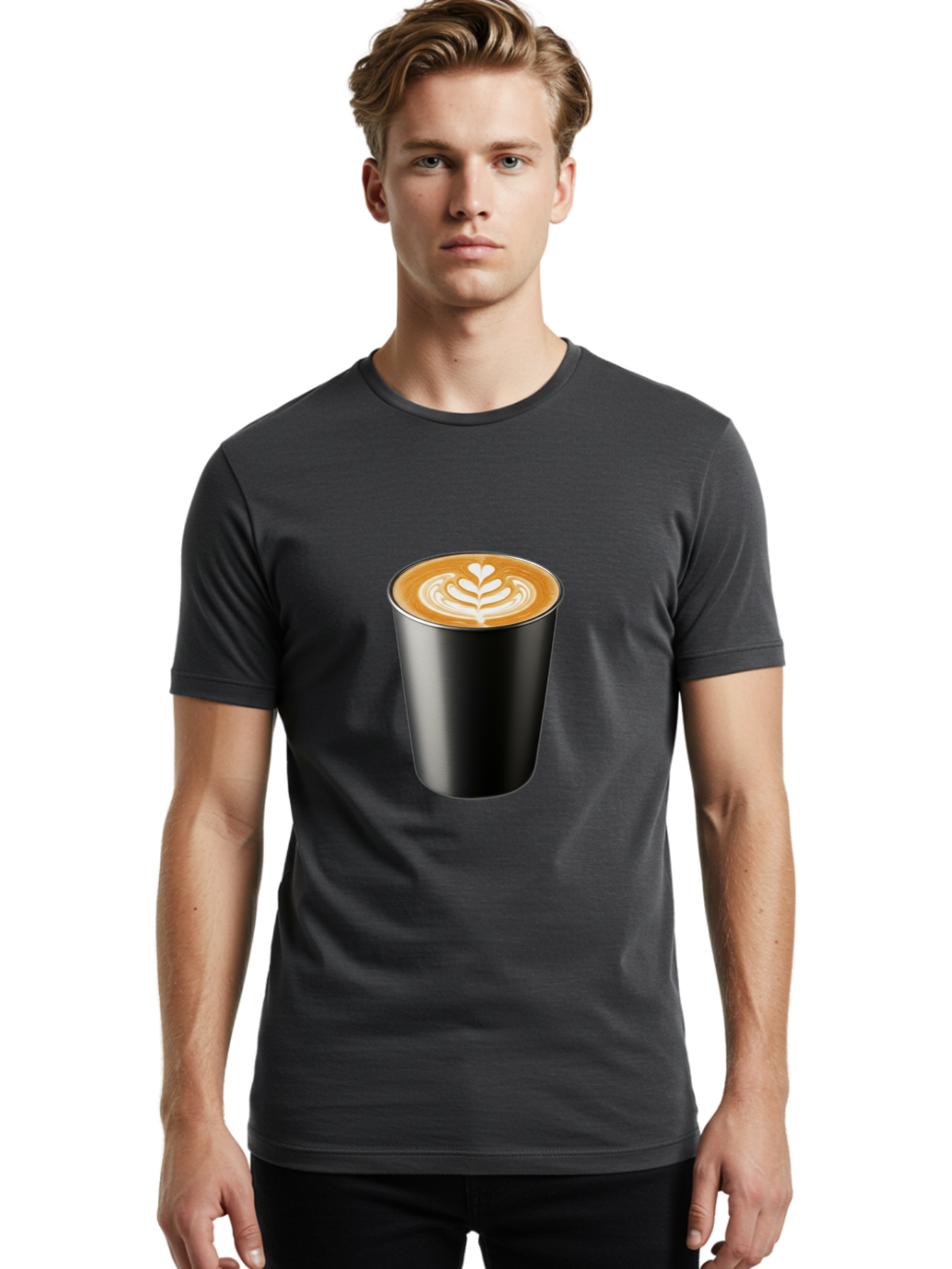 Coffee-Cup-15 Men'S Graphic Tee, 100% Cotton, Comfortable Casual Summer Wear, Machine Washable, Coffee Cup, Black Cup, Latte Art, Espresso, Coffee Drink, Heart Design, White Foam, Takeaway Coffee, Coffee Culture Baa349
