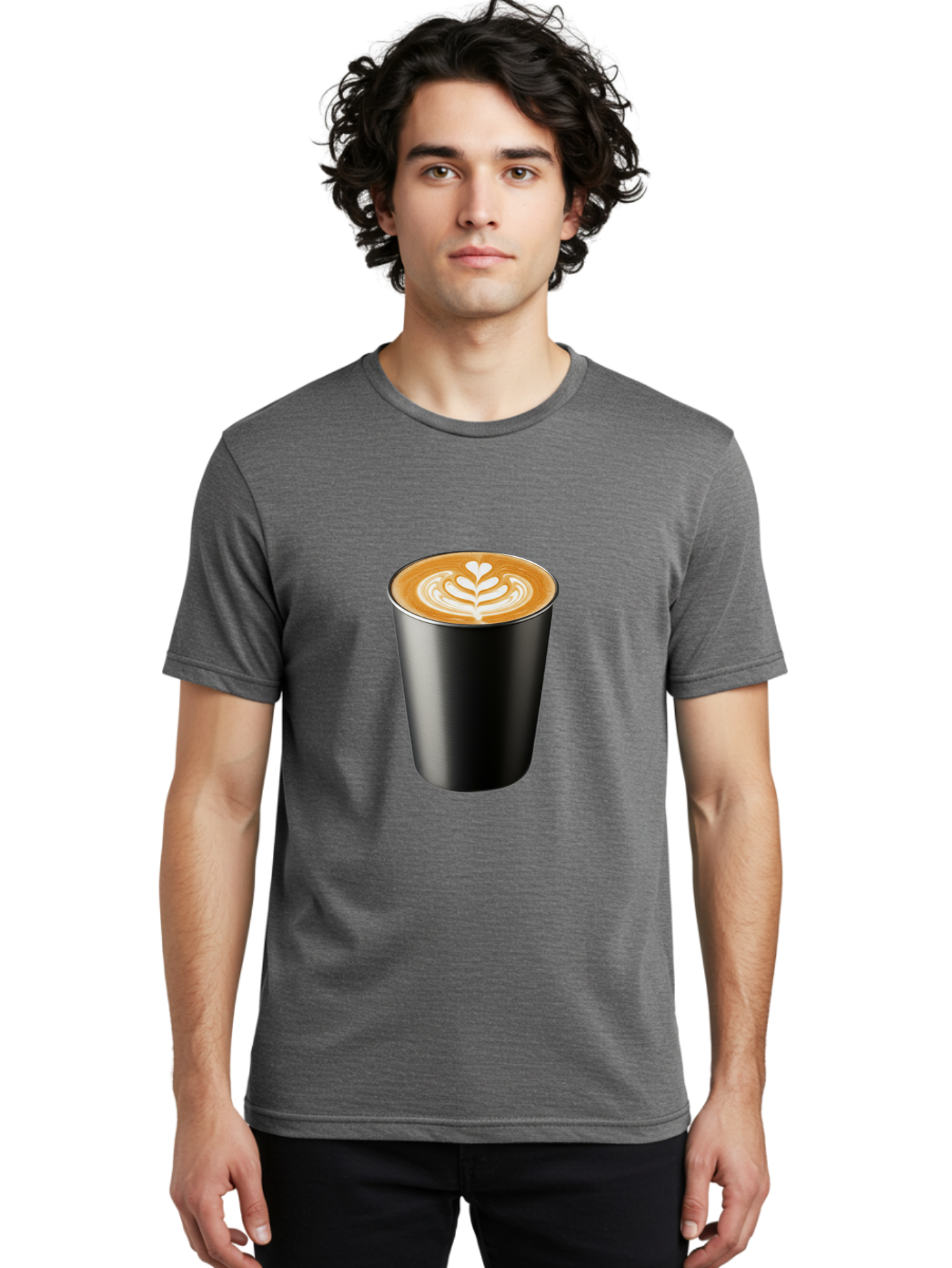 Coffee-Cup-15 Men'S Graphic Tee, 100% Cotton, Comfortable Casual Summer Wear, Machine Washable, Coffee Cup, Black Cup, Latte Art, Espresso, Coffee Drink, Heart Design, White Foam, Takeaway Coffee, Coffee Culture Baa349