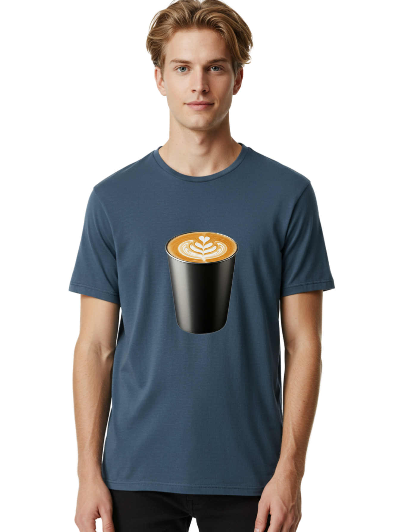 Coffee-Cup-15 Men'S Graphic Tee, 100% Cotton, Comfortable Casual Summer Wear, Machine Washable, Coffee Cup, Black Cup, Latte Art, Espresso, Coffee Drink, Heart Design, White Foam, Takeaway Coffee, Coffee Culture Baa349