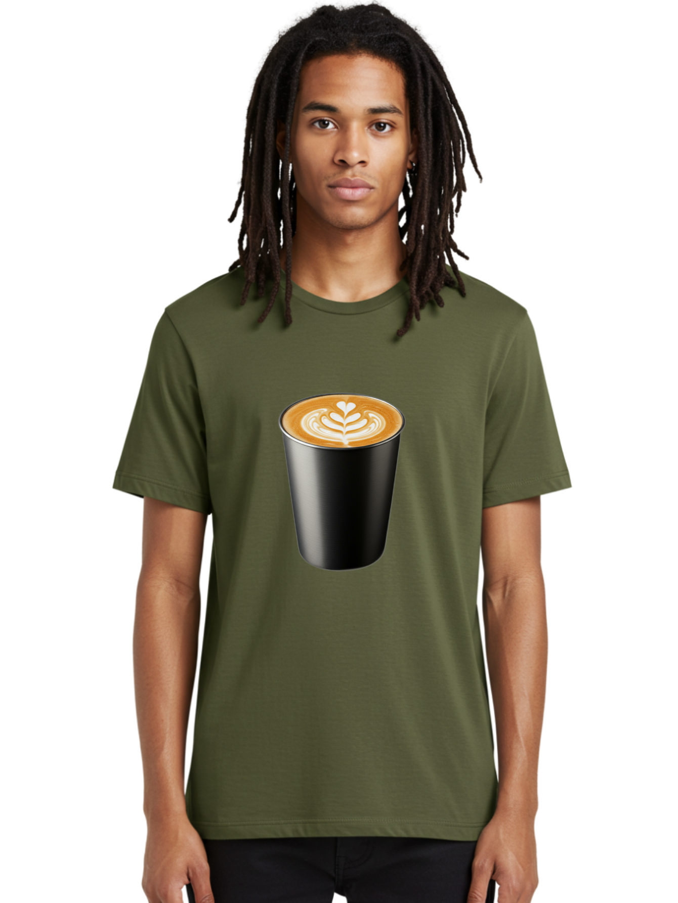 Coffee-Cup-15 Men'S Graphic Tee, 100% Cotton, Comfortable Casual Summer Wear, Machine Washable, Coffee Cup, Black Cup, Latte Art, Espresso, Coffee Drink, Heart Design, White Foam, Takeaway Coffee, Coffee Culture Baa349