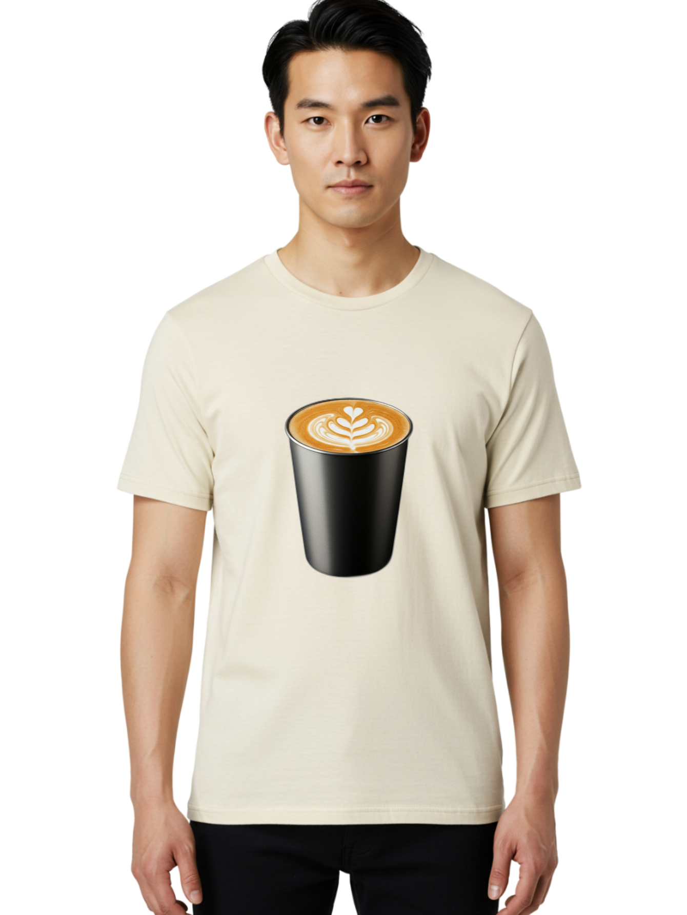 Coffee-Cup-15 Men'S Graphic Tee, 100% Cotton, Comfortable Casual Summer Wear, Machine Washable, Coffee Cup, Black Cup, Latte Art, Espresso, Coffee Drink, Heart Design, White Foam, Takeaway Coffee, Coffee Culture Baa349