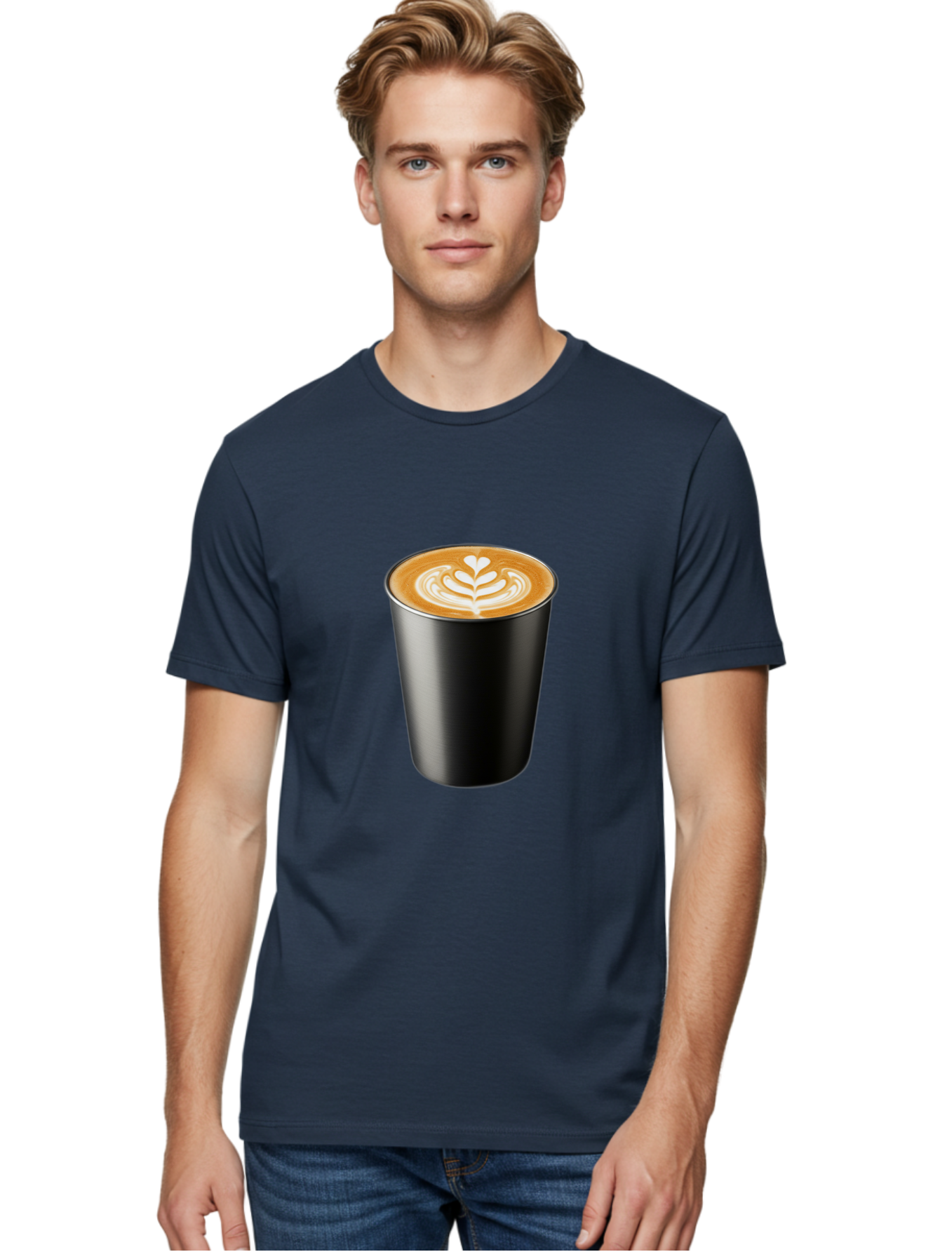 Coffee-Cup-15 Men'S Graphic Tee, 100% Cotton, Comfortable Casual Summer Wear, Machine Washable, Coffee Cup, Black Cup, Latte Art, Espresso, Coffee Drink, Heart Design, White Foam, Takeaway Coffee, Coffee Culture Baa349