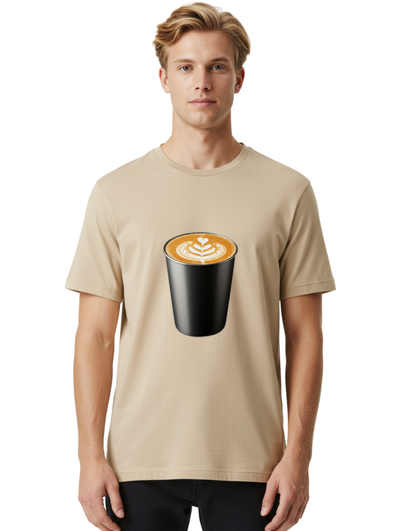 Coffee-Cup-15 Men'S Graphic Tee, 100% Cotton, Comfortable Casual Summer Wear, Machine Washable, Coffee Cup, Black Cup, Latte Art, Espresso, Coffee Drink, Heart Design, White Foam, Takeaway Coffee, Coffee Culture Baa349