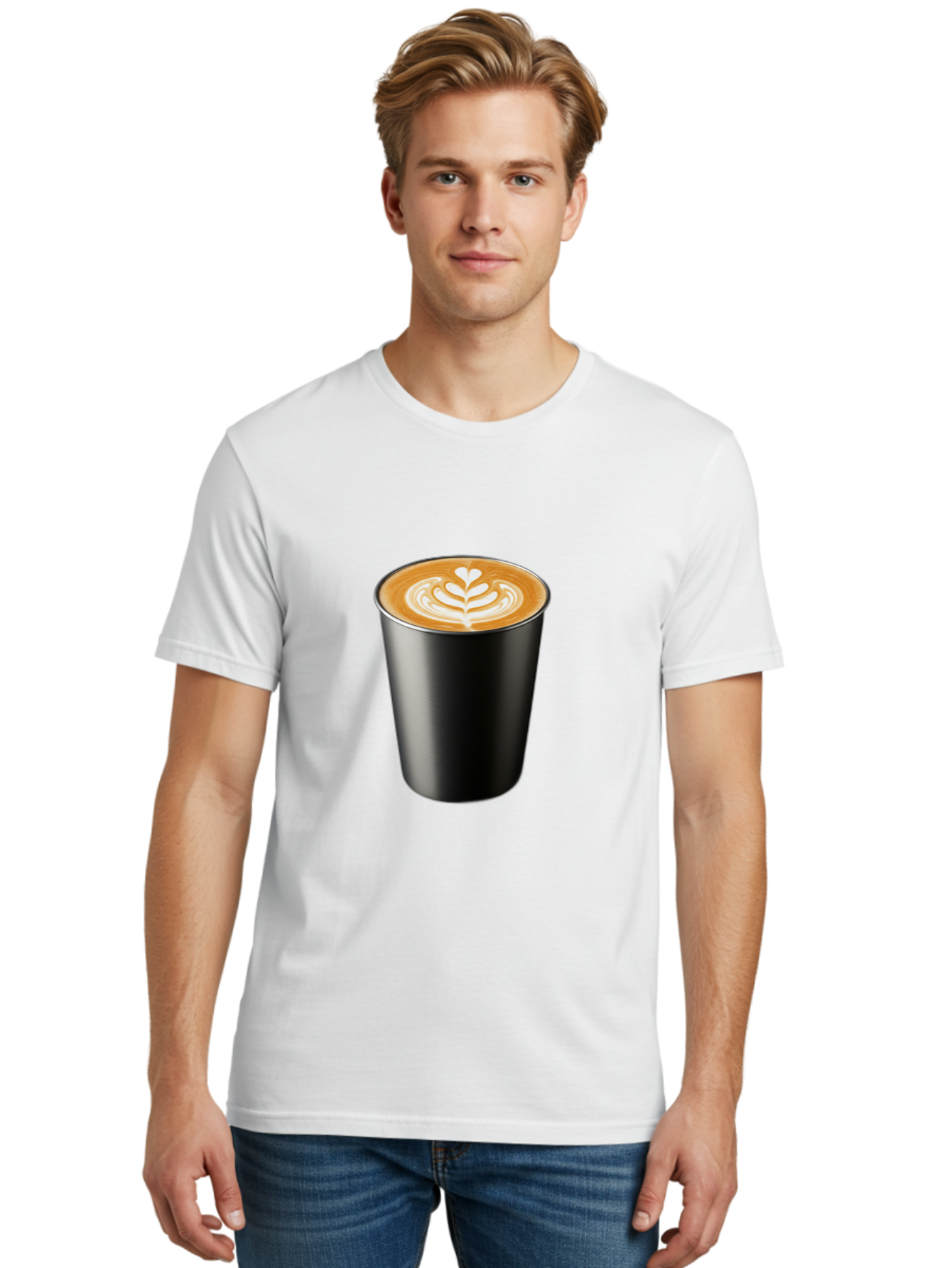 Coffee-Cup-15 Men'S Graphic Tee, 100% Cotton, Comfortable Casual Summer Wear, Machine Washable, Coffee Cup, Black Cup, Latte Art, Espresso, Coffee Drink, Heart Design, White Foam, Takeaway Coffee, Coffee Culture Baa349
