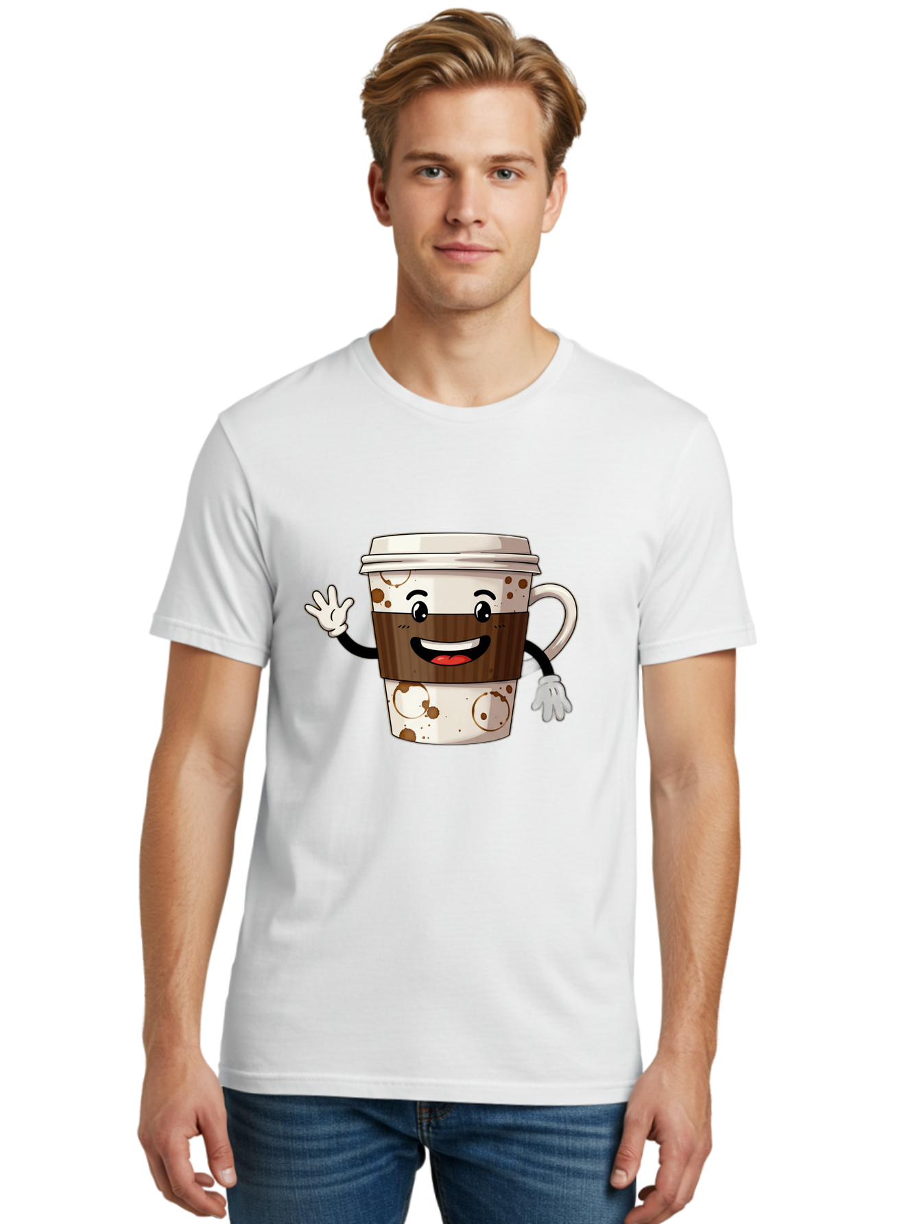 Coffee-Cup-2 Men'S Graphic Tee, 100% Cotton, Comfortable Casual Summer Wear, Machine Washable, Coffee Cup Character, Cartoon Coffee Cup, Smiling Coffee, Coffee Lover, Coffee Time, Morning Pick-Me-Up, To-Go Coffee, Cappuccino Art, Baa352