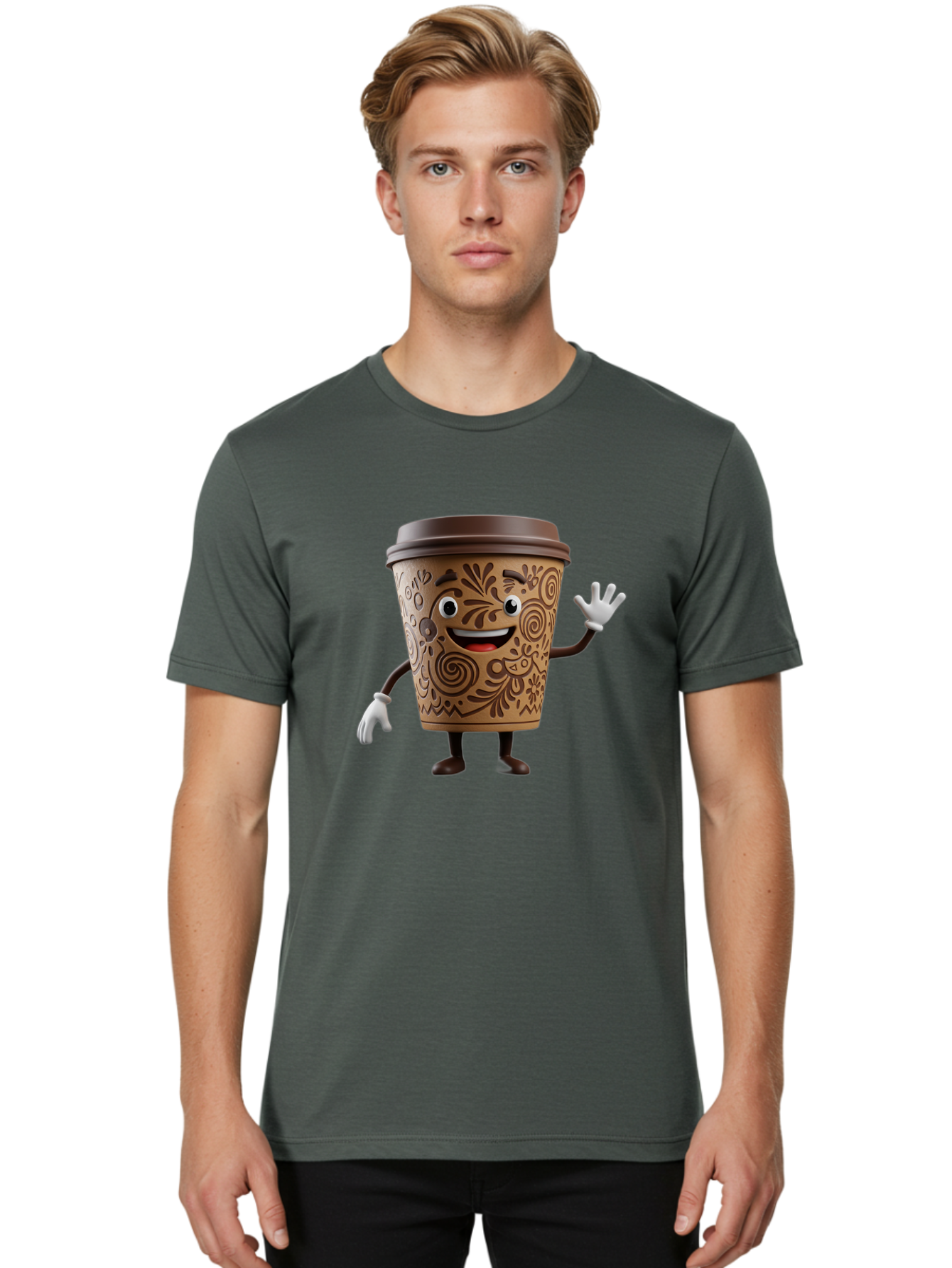 Coffee-Cup-3 Men'S Graphic Tee, 100% Cotton, Comfortable Casual Summer Wear, Machine Washable, Cartoon Coffee Cup, Anthropomorphic Design, Waving Gesture, Floral Patterns, Friendly Face, Coffee Culture, Morning Pick-Me-Up, Coffee Lover, Baa353