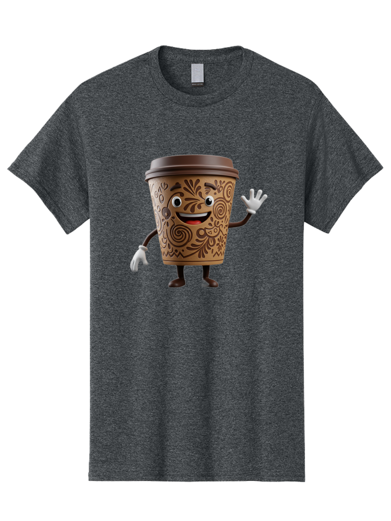 Coffee-Cup-3 Men'S Graphic Tee, 100% Cotton, Comfortable Casual Summer Wear, Machine Washable, Cartoon Coffee Cup, Anthropomorphic Design, Waving Gesture, Floral Patterns, Friendly Face, Coffee Culture, Morning Pick-Me-Up, Coffee Lover, Baa353