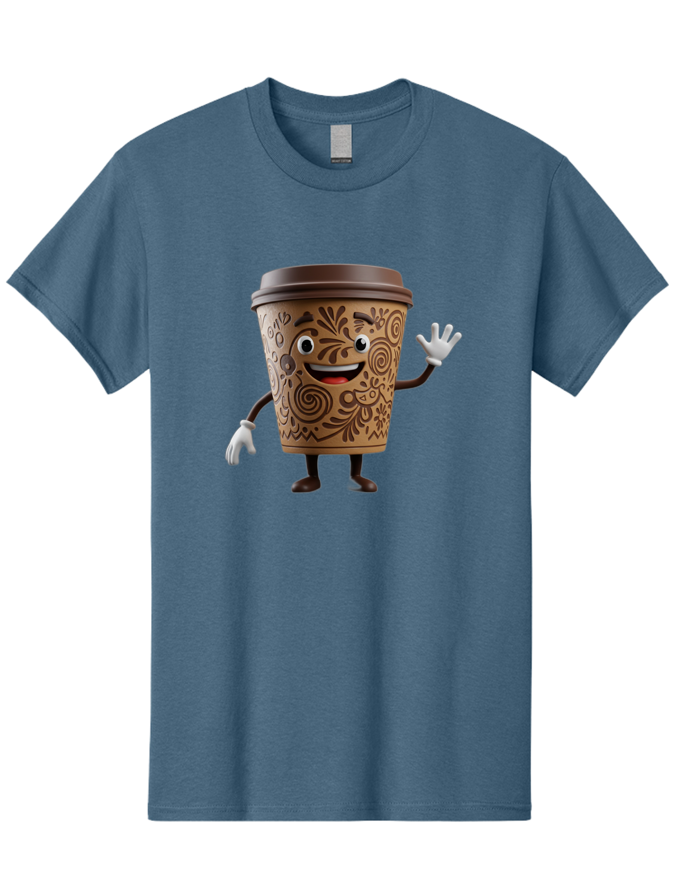 Coffee-Cup-3 Men'S Graphic Tee, 100% Cotton, Comfortable Casual Summer Wear, Machine Washable, Cartoon Coffee Cup, Anthropomorphic Design, Waving Gesture, Floral Patterns, Friendly Face, Coffee Culture, Morning Pick-Me-Up, Coffee Lover, Baa353