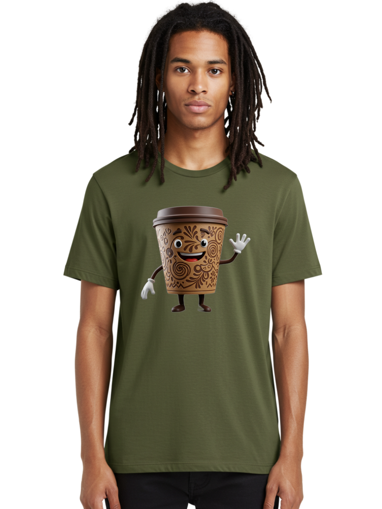 Coffee-Cup-3 Men'S Graphic Tee, 100% Cotton, Comfortable Casual Summer Wear, Machine Washable, Cartoon Coffee Cup, Anthropomorphic Design, Waving Gesture, Floral Patterns, Friendly Face, Coffee Culture, Morning Pick-Me-Up, Coffee Lover, Baa353