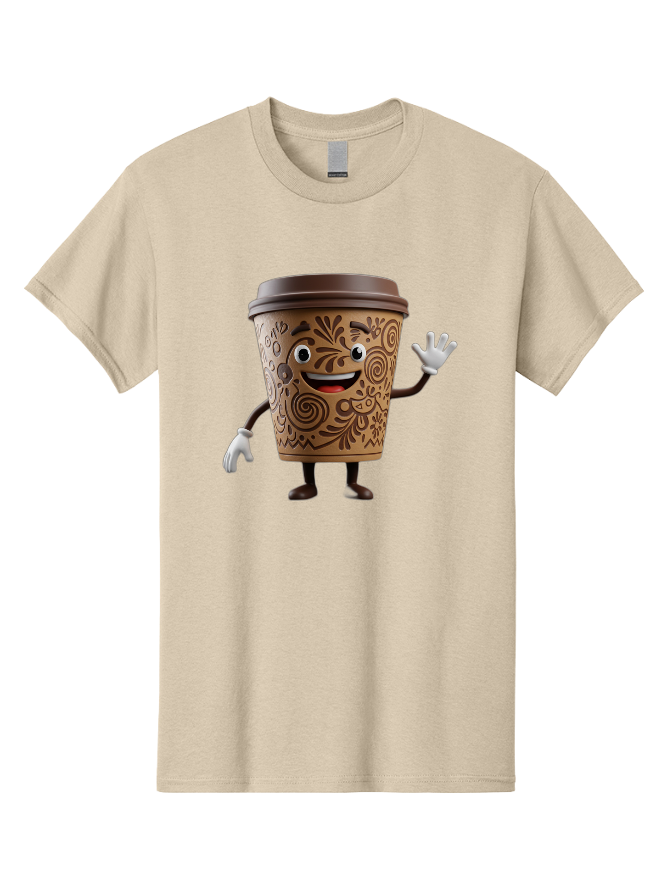 Coffee-Cup-3 Men'S Graphic Tee, 100% Cotton, Comfortable Casual Summer Wear, Machine Washable, Cartoon Coffee Cup, Anthropomorphic Design, Waving Gesture, Floral Patterns, Friendly Face, Coffee Culture, Morning Pick-Me-Up, Coffee Lover, Baa353