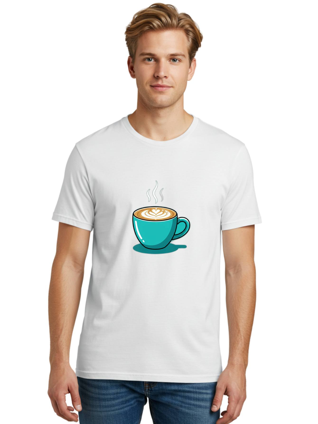 Coffee-Cup-9 Men'S Graphic Tee, 100% Cotton, Comfortable Casual Summer Wear, Machine Washable, Steaming Hot Coffee, Latte Art, Coffee Break, Morning Pick-Me-Up, Coffee Culture, Caffeine Fix, Teal Coffee Cup Baa359