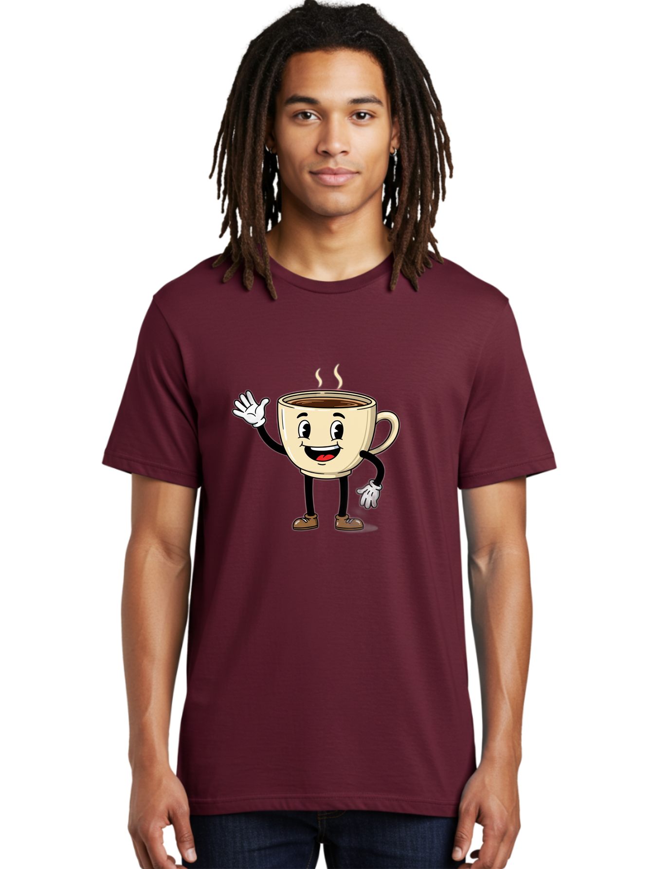 Coffee-Cup-Character-1 Men'S Graphic Tee, 100% Cotton, Comfortable Casual Summer Wear, Machine Washable, Smiling Coffee Cup, Cartoon Character, Steaming Hot Coffee, Waving Hand, Happy Face, Coffee Lover, Morning Pick-Me-Up, Caffeine Boost Baa360