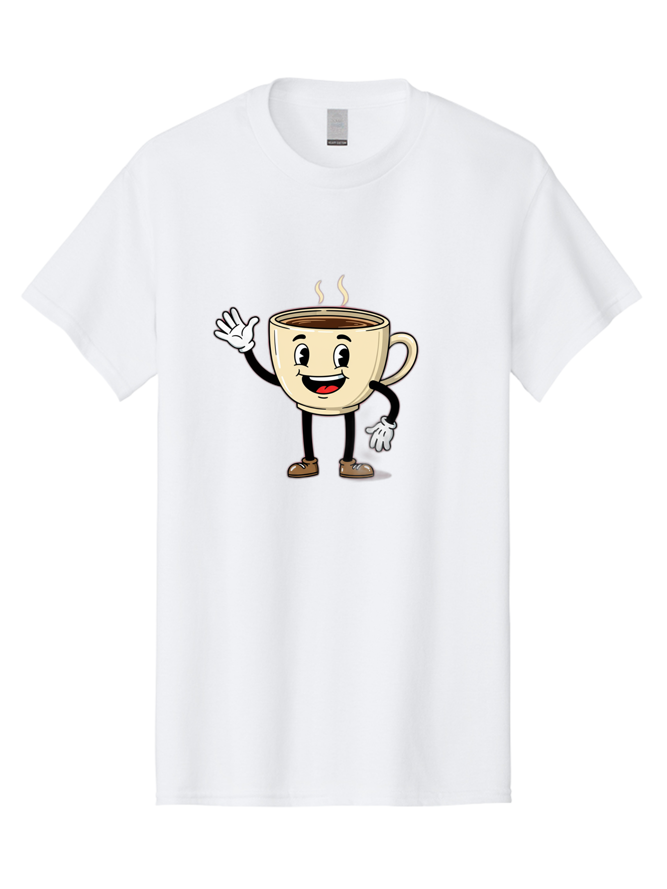 Coffee-Cup-Character-1 Men'S Graphic Tee, 100% Cotton, Comfortable Casual Summer Wear, Machine Washable, Smiling Coffee Cup, Cartoon Character, Steaming Hot Coffee, Waving Hand, Happy Face, Coffee Lover, Morning Pick-Me-Up, Caffeine Boost Baa360